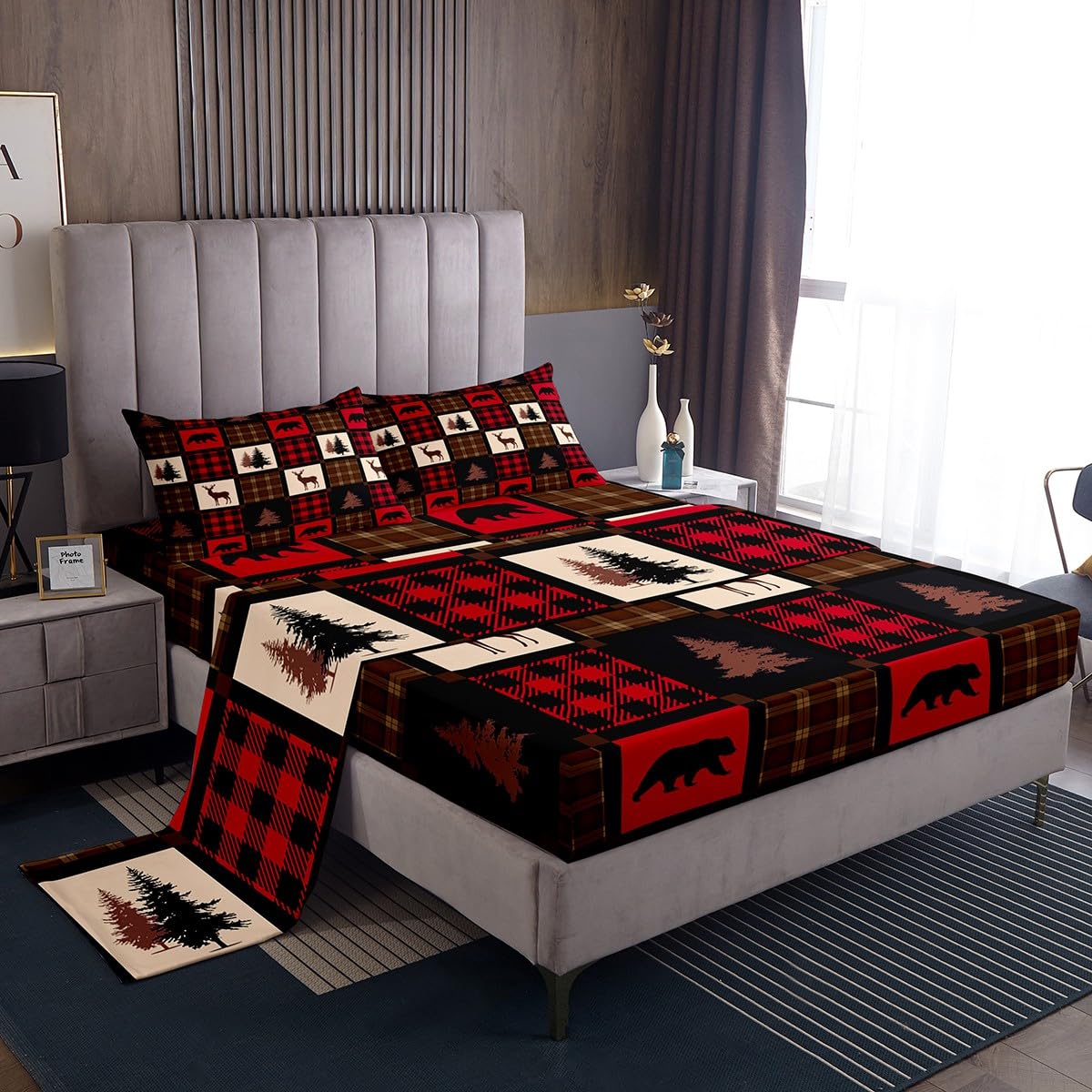 Erosebridal Rustic Deer Bed Sheets for Kids Teens Adult,Hunting Deer Patchwork Sheet Set Full,Retro Burgundy Buffalo Plaid Check Bedding,Hunting Animal Wildlife Flat Fitted Sheet with 2 Pillowcases