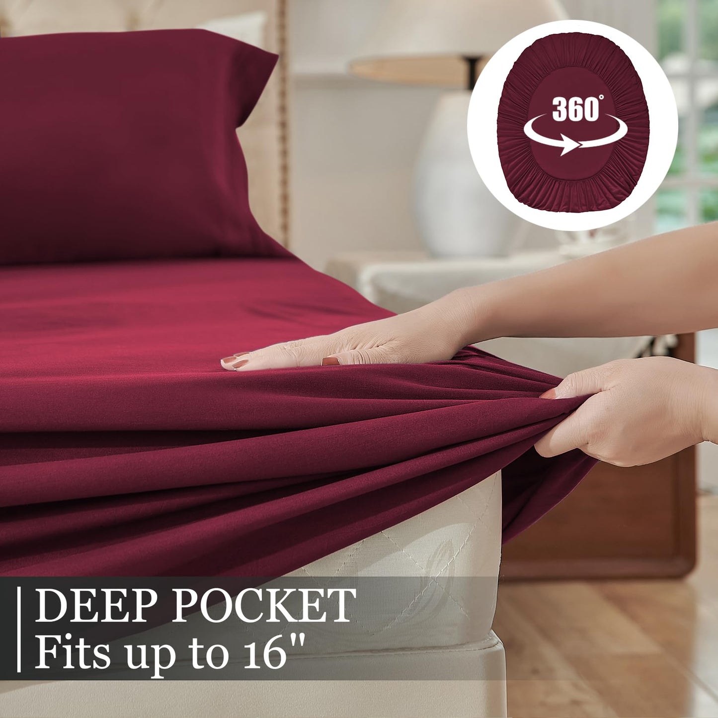 Yibeizi King Size Sheets Set Cooling Deep Pocket Bed Sheet Sets, Red Soft Microfiber Oeko-Tex Hypoallergenic Sheets & Pillowcases Wrinkle Free Bedsheets