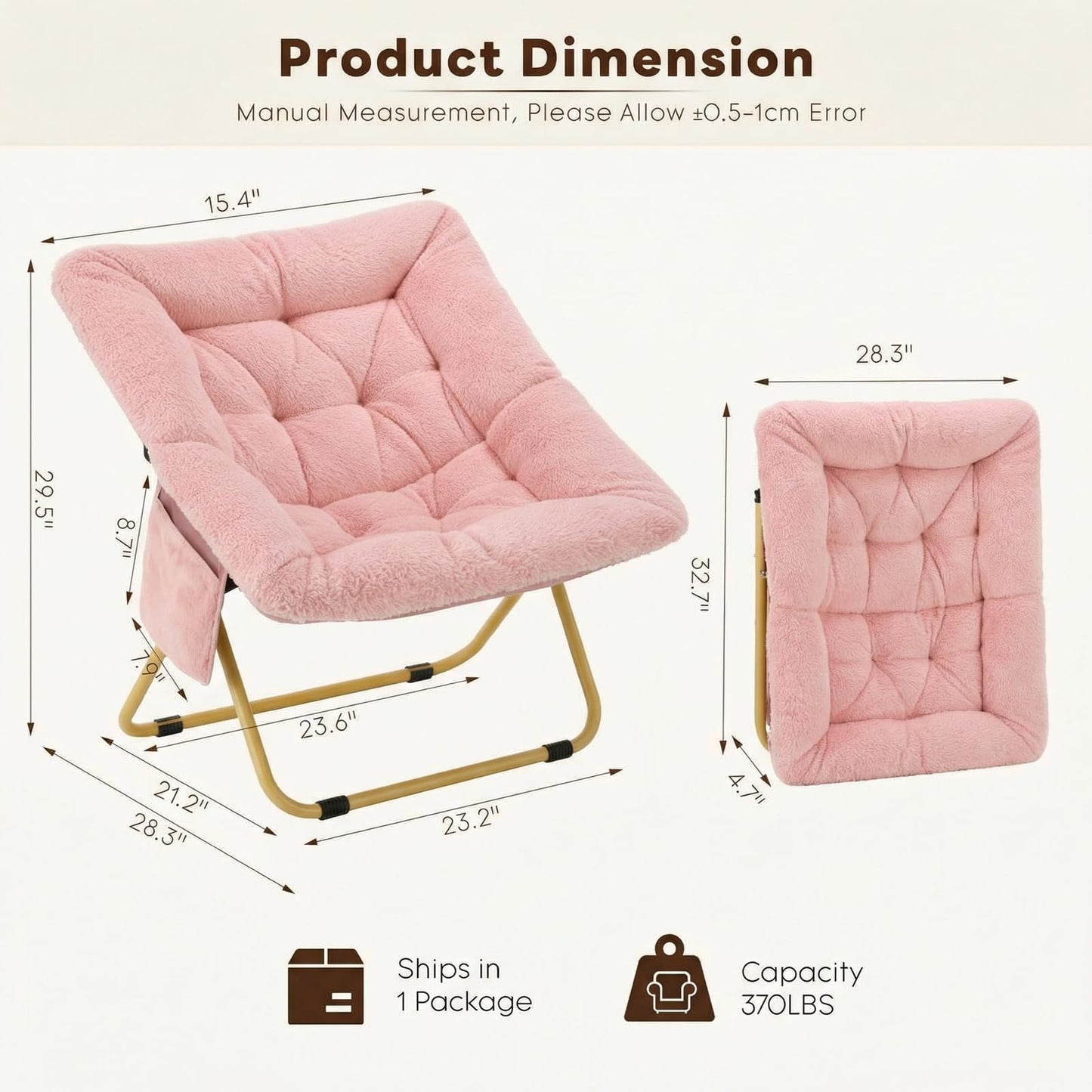 Folding Saucer Chair, Comfy Reading Chair with Soft Thick Padded Seat, Plush Faux Fur Lounge Chair for Small Space, Bedroom, Dorm, Living Room, X-Large Lazy Chair for Adults Teens Kids