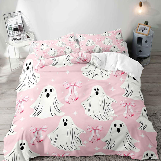 LUVIVIHOME 3PCS Cute Bow Ghost Duvet Cover Queen Bedding Sets, Teen Girls Bedding, Light Pink Duvet Cover, Spooky Halloween Comforter Cover, Coquette Room Decor Aesthetic, Bed in a Bag, 2 Pillow Cases