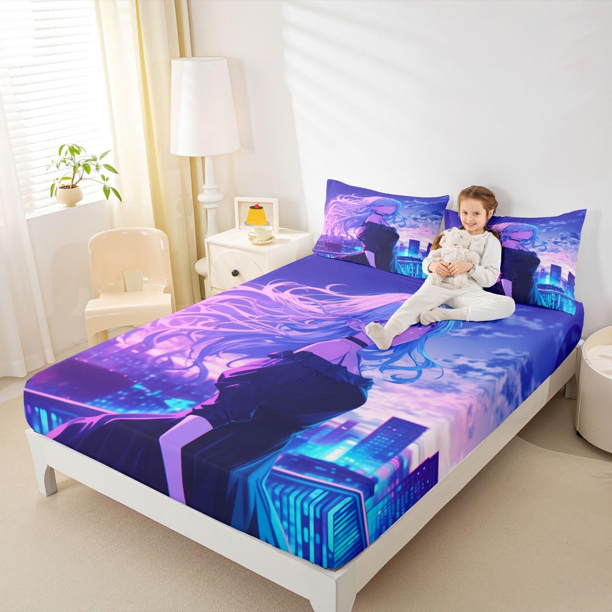 Japanese Anime Girl Bedding Set 3D Anime Gifts Bed Sheets Queen for Kids Boys Guys Japanese Style Fitted Sheet, Cartoon Printed Kawaii Girls Sheets Romance Cherry Blossoms Fitted Bed Sheets