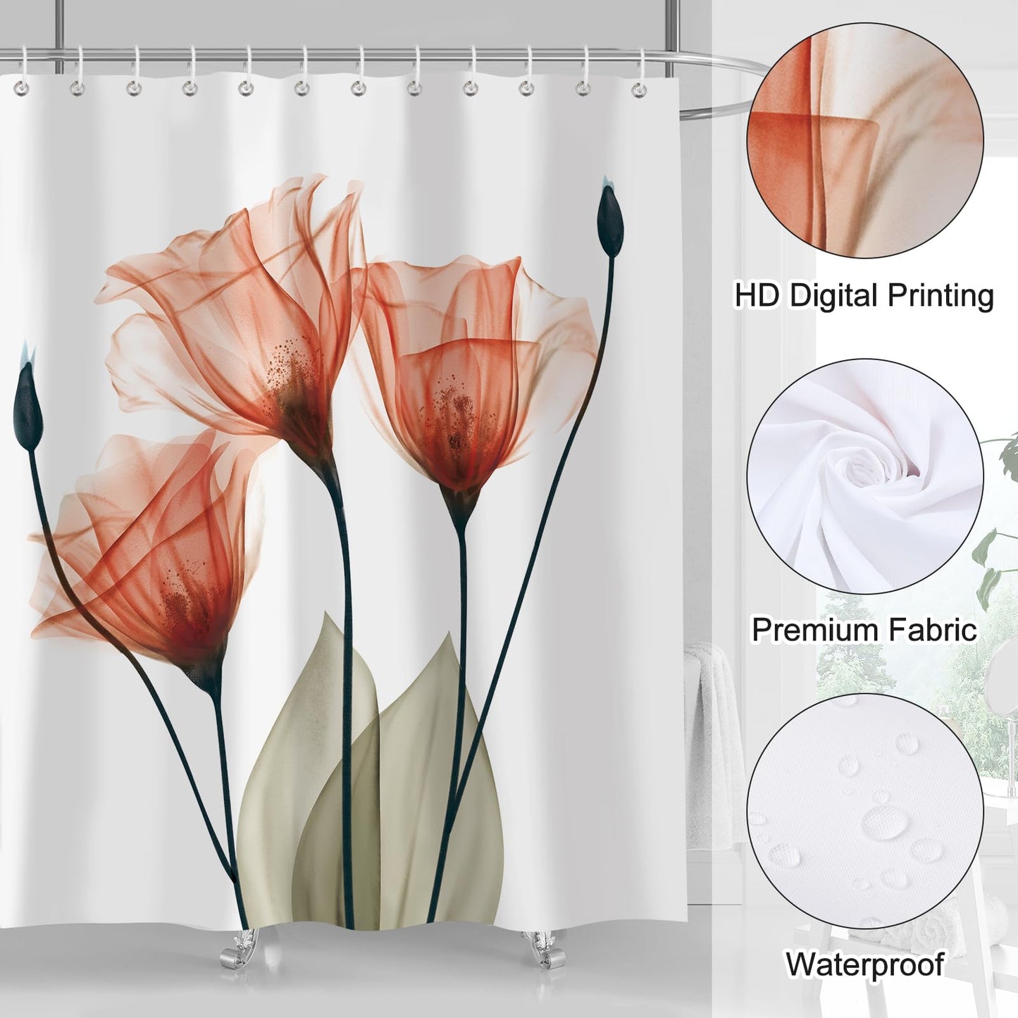 ZCHOMI Orange Floral Shower Curtain Watercolor Tulip Flower Shower Curtains for Bathroom Waterproof Polyester Fabric Bathroom Curtain 72 x 72 Inch with 12 Hooks