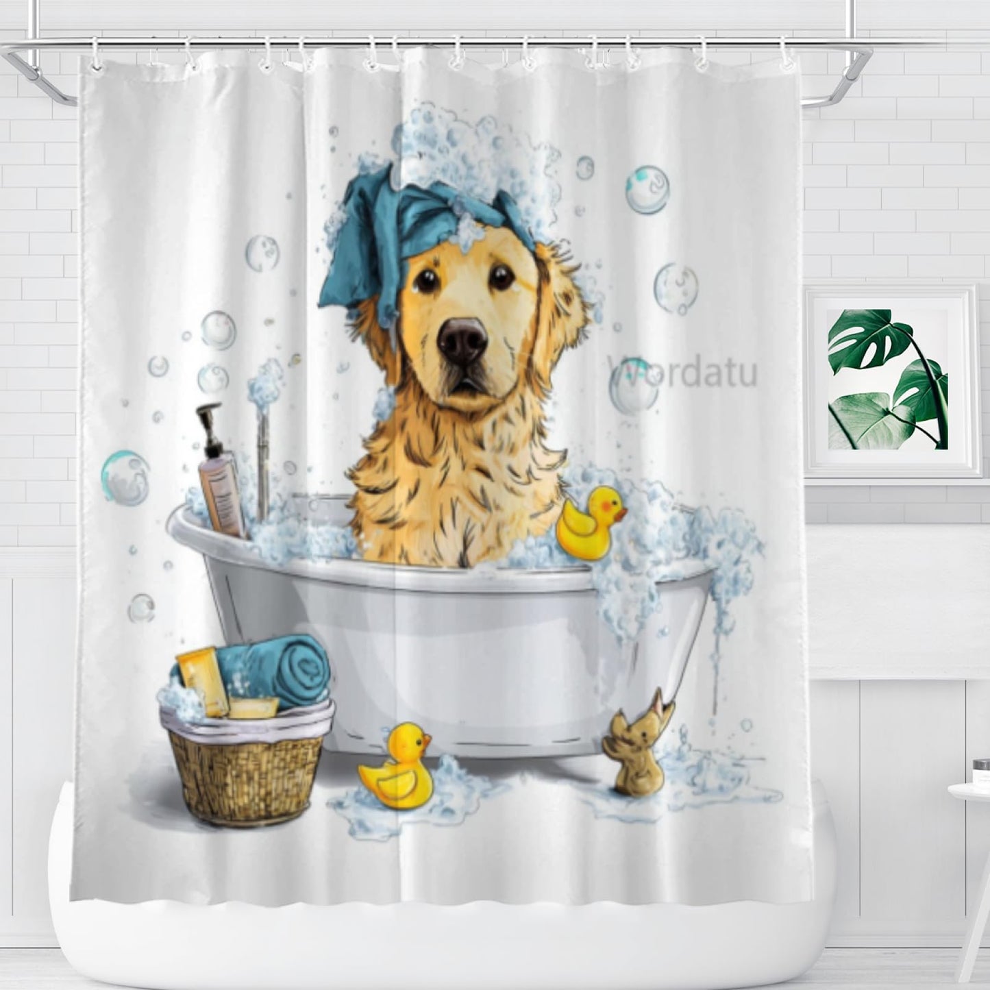 Wordatu Cute Golden Retriever Kids Shower Curtain for Bathroom Decor Funny Animal Child Lovely Farmhouse Pet Footprint Fabric Waterproof Polyester 12 Hooks 72x72 Inches