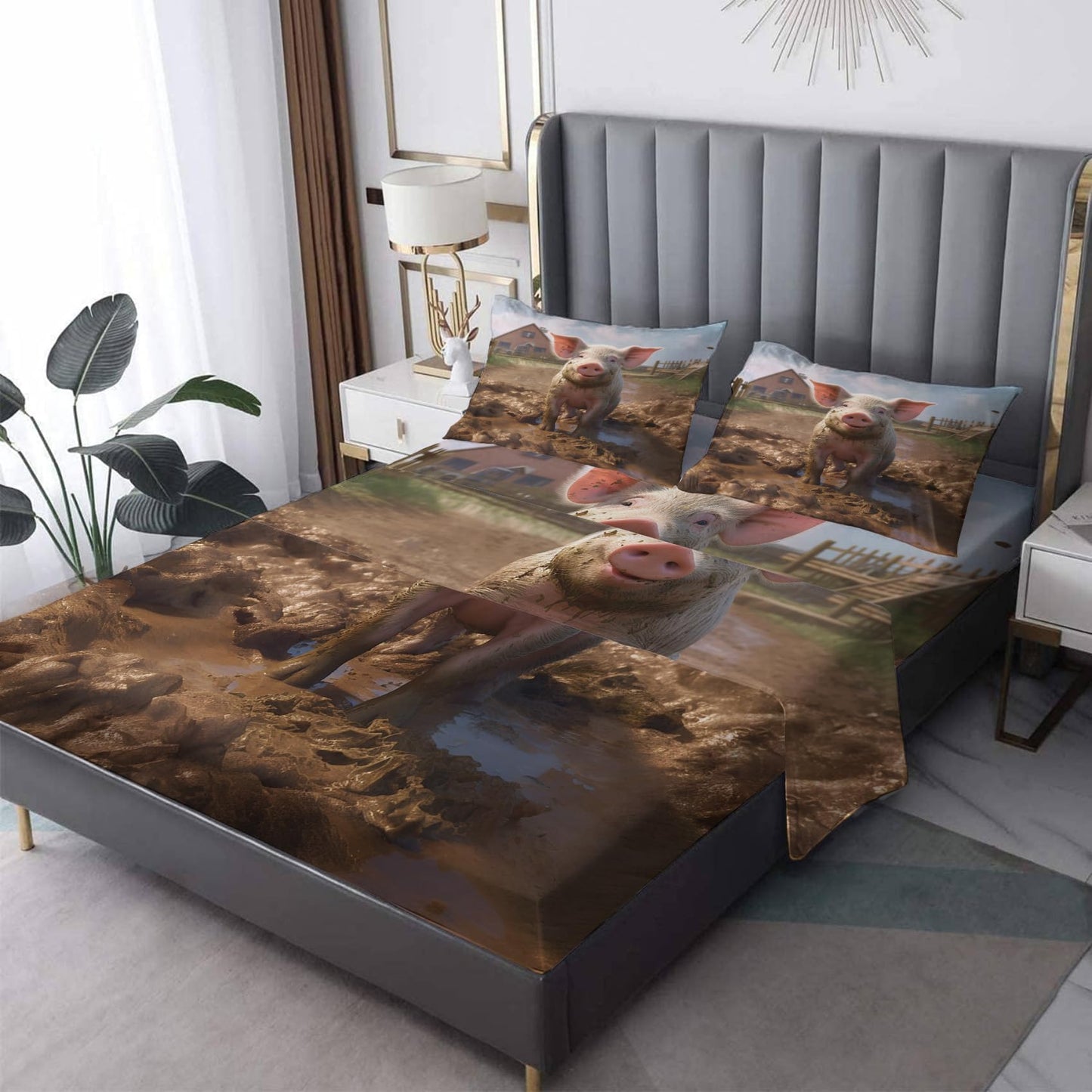Pig Sheets King Sheet Sets - Funny Farm Animal Bed Sheets, Soft Microfiber & Deep Pocket & Wrinkle Free Patterned Bedding Sheets & Pillowcases, 4 Piece ( 1 Fitted Sheet, 1 Flat Sheet, 2 Pillow Cases )