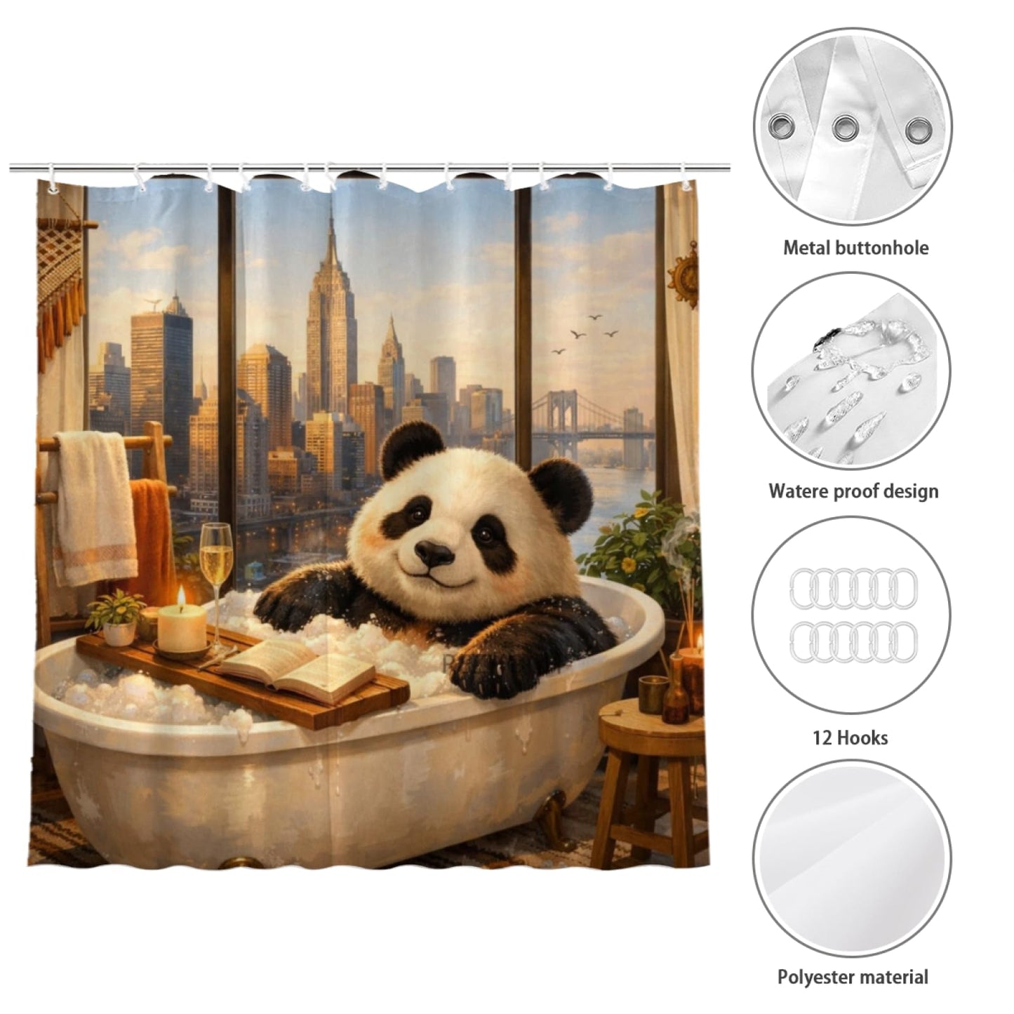 REZHOCH Funny Panda Boho Shower Curtain 72x72 Inch,Cute Animal Bathtub City Skyline Bathroom Decor Waterproof Fabric Urban Window View Modern Apartment Bath Set with Hooks