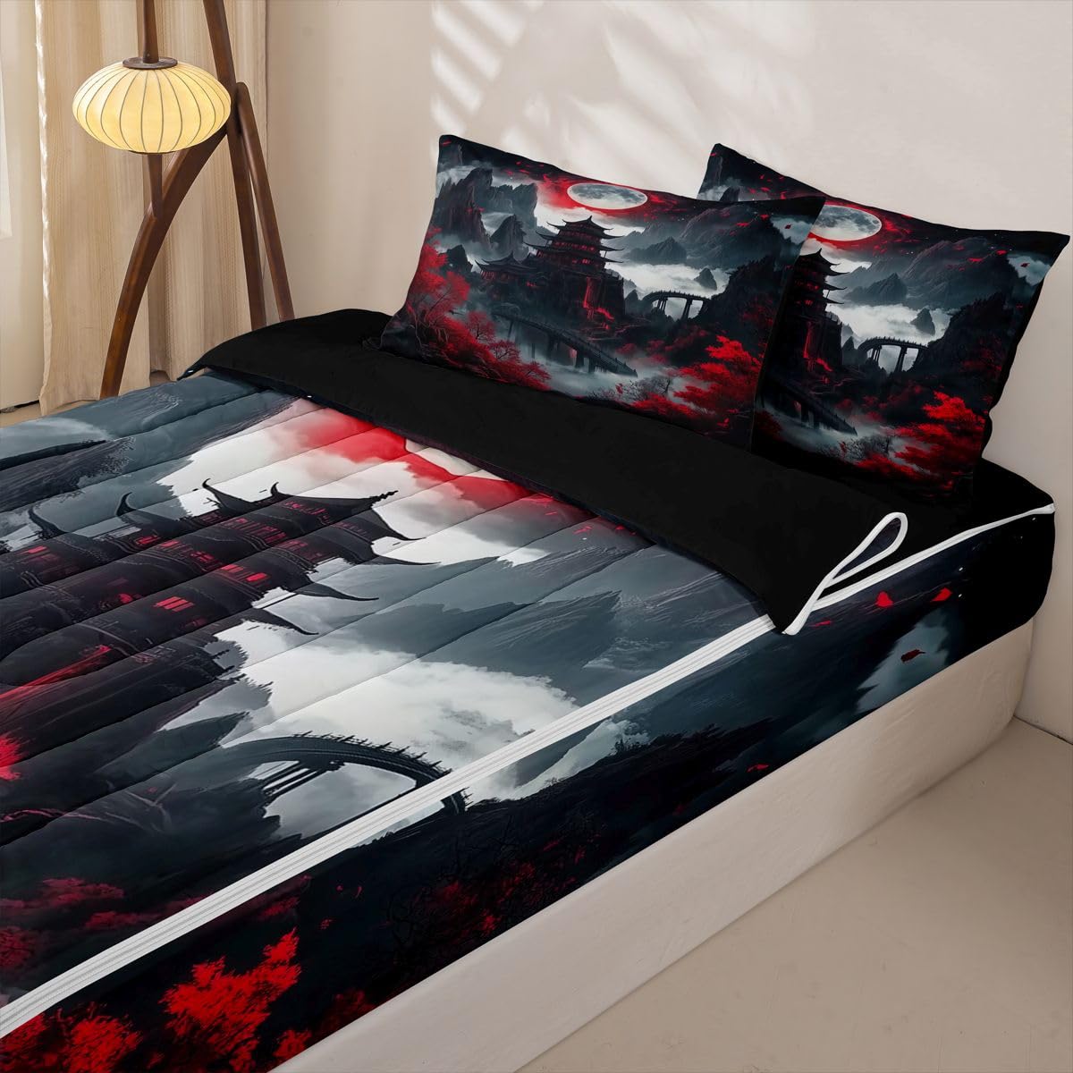 Erosebridal Japanese Anime Zipper Bedding Moon Cherry Blossom Twin Bed in a Bag Set for Boys Girls Teen Vintage Nature Mountain Kids Comforter Set with Fitted Sheet Red Black Zip Up Bedding
