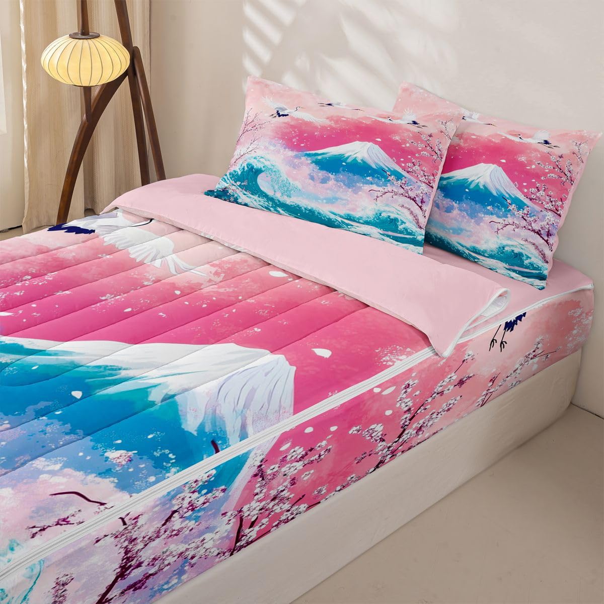 Erosebridal Pink Ocean Waves Zipper Bedding Twin Size, Japanese Style Kids Comforter Set - Japanese Cherry Blossom Fuji Mountain Zip Up Comforter Bed in A Bag
