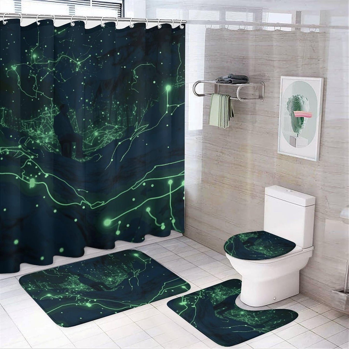 LMNGH Shower Curtain Set Glow in The Dark Bathroom 4 Set with Non-Slip Rugs Toilet Lid Cover and Bath Mat Waterproof Bath Accessories for Bathroom Decor Set 72" X 72"