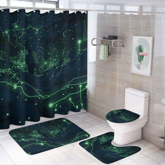 LMNGH Shower Curtain Set Glow in The Dark Bathroom 4 Set with Non-Slip Rugs Toilet Lid Cover and Bath Mat Waterproof Bath Accessories for Bathroom Decor Set 72" X 72"
