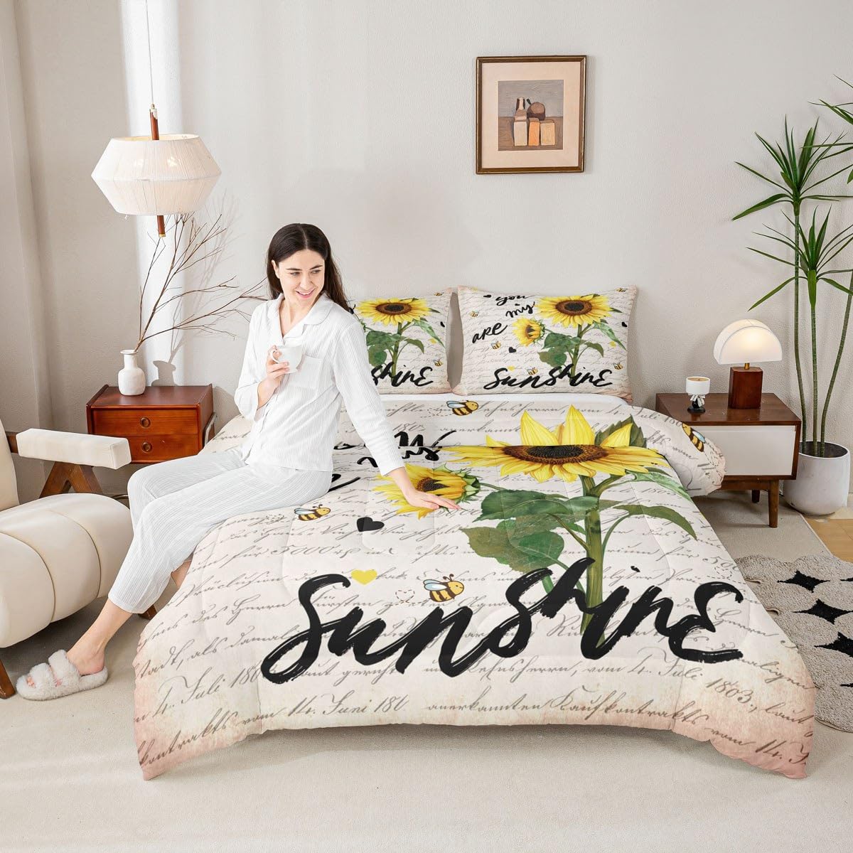 Sunflower Bedding Set Twin Size,Black Sketch Sunshine Graffiti Comforter Set 2pcs for Kids Teens Adults Home Room Decor,Rustic Farmhouse Bee Quilt Set Nature Plants Animals Duvet Insert