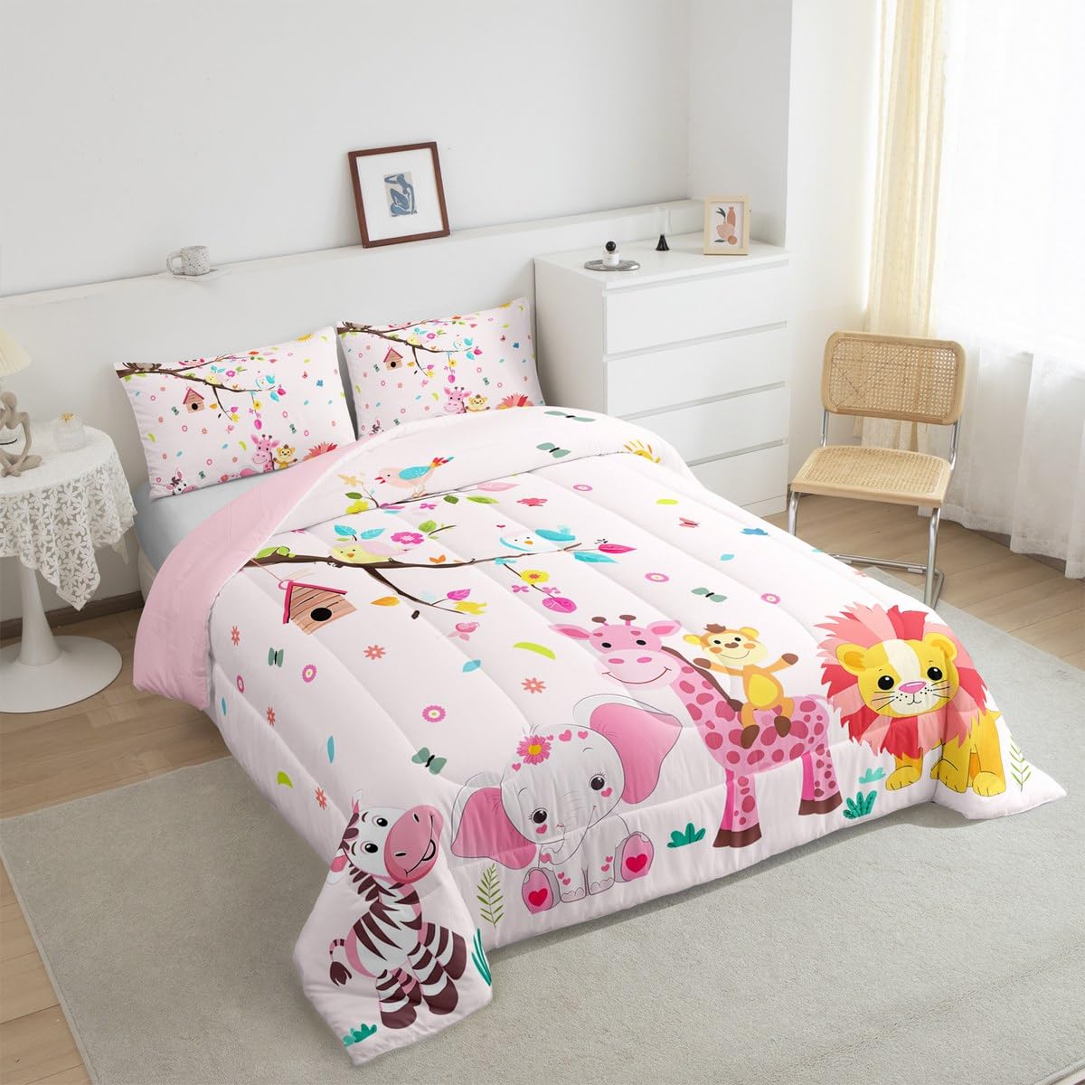 Erosebridal Pink Woodland Animal Comforter Set Twin Size Jungle Animals Bedding Set for Kids Girls BoysKawaii Lion Giraffe Comforter Cartoon Farm Wildlife Elephant Zebra Quilt Bedroom Decor