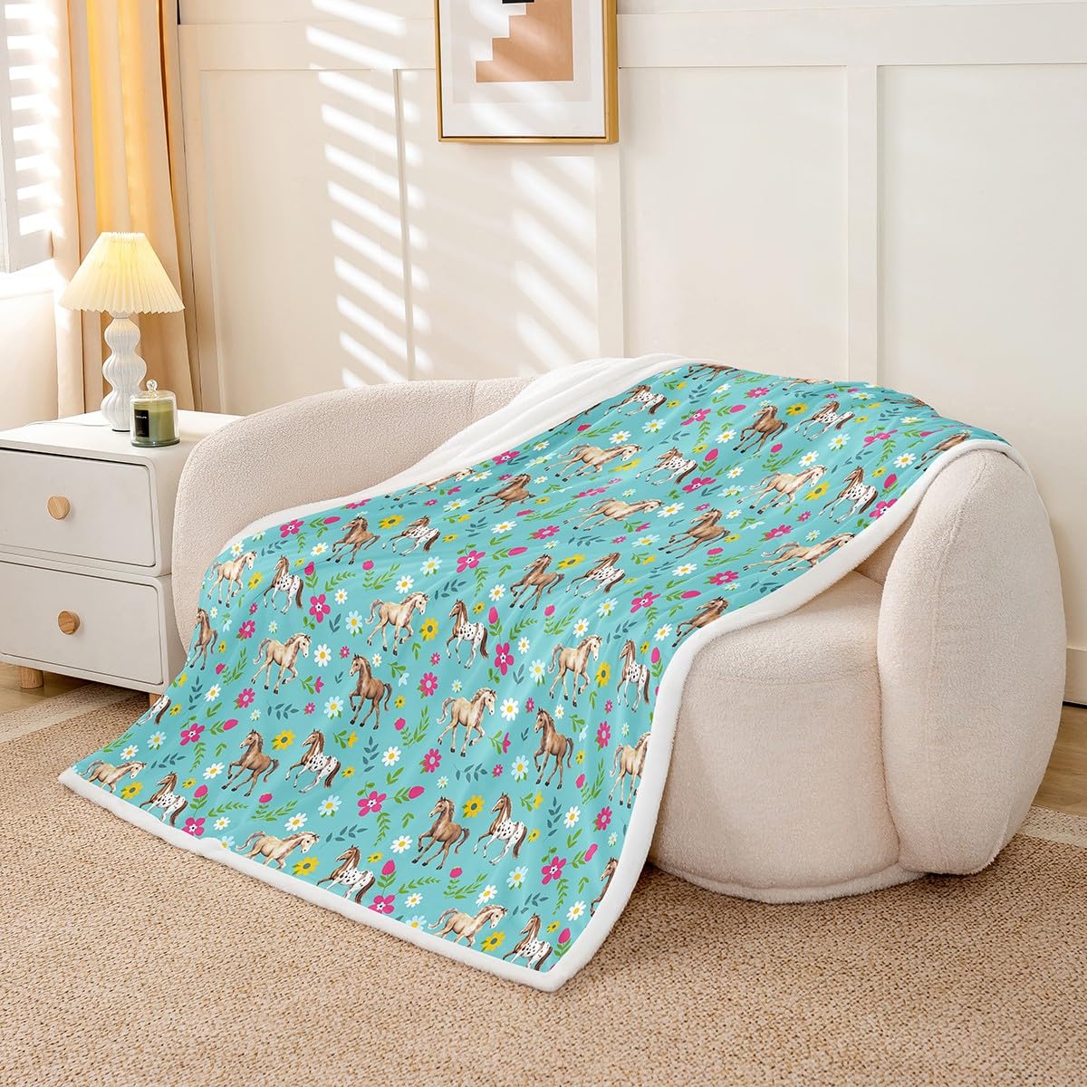 Erosebridal Horse Fleece Blanket Boho Floral Sherpa Blanket 90"x90", Watercolor Flowers Western Farmhouse Farm Animals Fuzzy Plush Throw