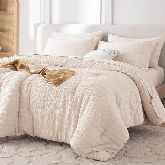 MUXHOMO 7 Pieces Queen Comforter Set, Seersucker Bed in a Bag Queen Size, All Season Luxury Bedding Set with Comforter, Flat Sheet, Fitted Sheet, Pillowcases & Shams, Beige