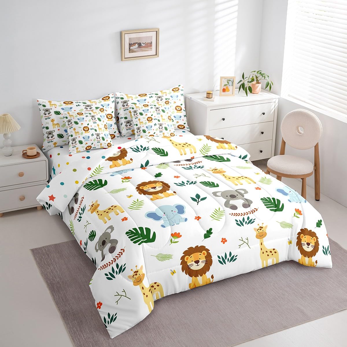 Erosebridal Nursery Cute Jungle Animal Kids Twin Size Comforter Set with Sheets | Safari Elephant Giraffe 7-Piece Bedding Set Koala Lion Bed in a Bag Palm Leaves Flowers Zoo Animal Bed Quilt Sets