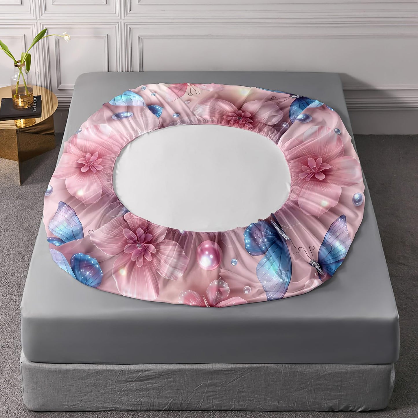 UEVBF Beautiful Blue Butterfly Fitted Sheet Set Full Size,Pink Flowers Pearl Bedding Sets for Kids Girls Toddlers Room Decor,1 Fitted Sheet+2 Pillowcases.