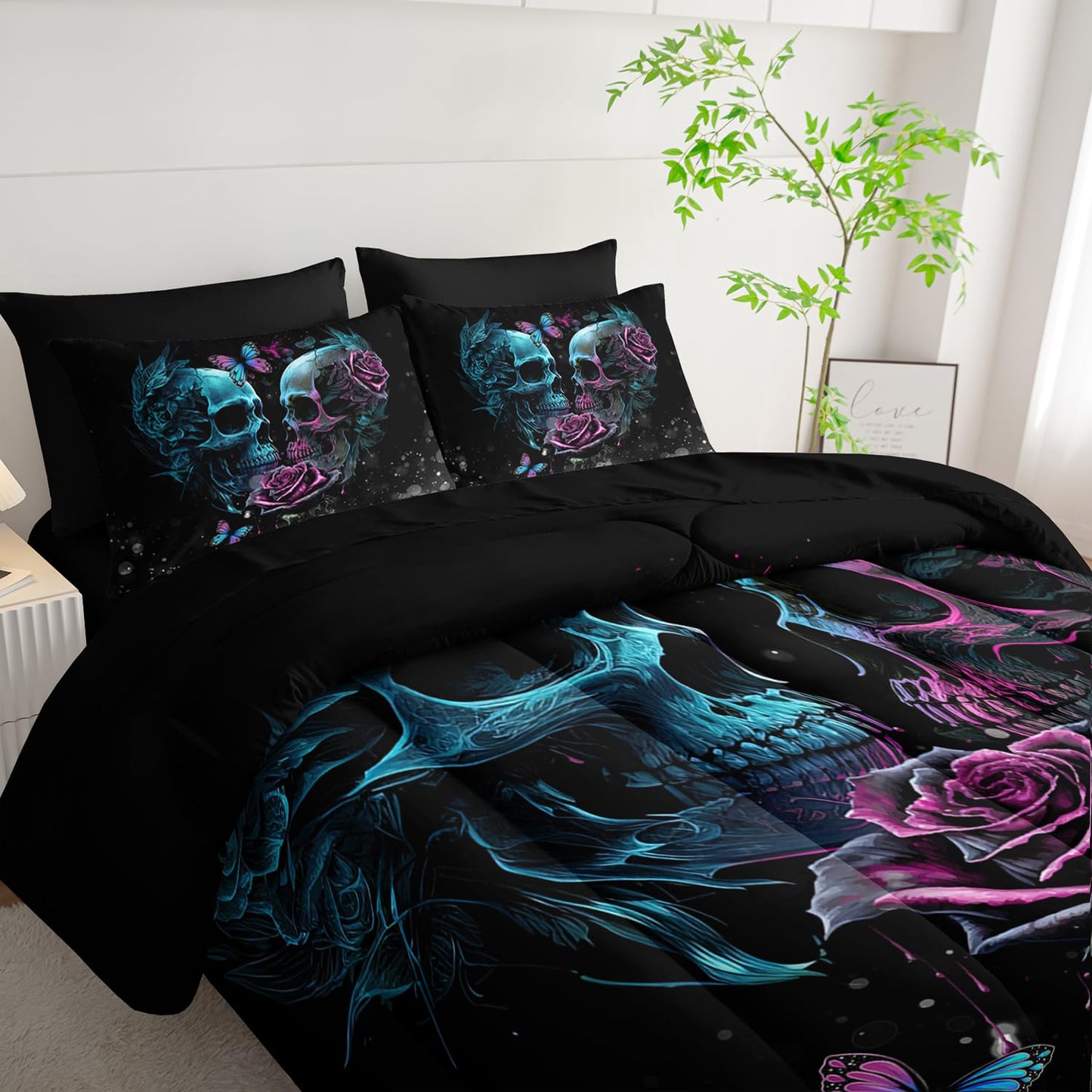 Tuzaovy Black Skull Comforter Set 7 Piece Queen Size Bed in A Bag,Goth Bedding for Room Decor,Soft Western Comforter Boho Hippie Bedding with Fitted Sheet,Flat Sheet, Pillowcases & Shams