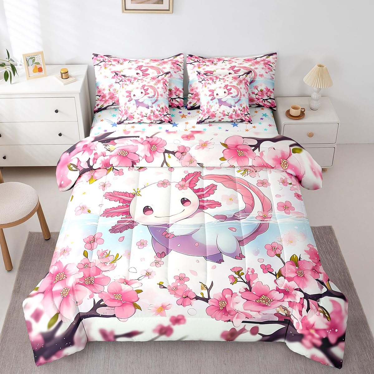 Feelyou Boys Girls Cute Axolotl 7 Pieces Bedding Sets Twin Size, Cartoon Salamander Bed in A Bag Ocean Sealife Comforter Set with Sheets Kids Kawaii Teens Bed Set Bedroom Decor
