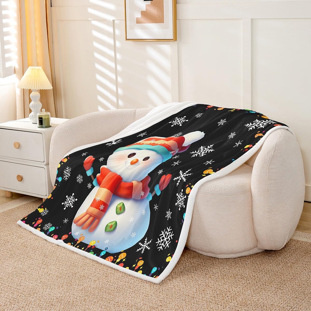 Erosebridal Kids Merry Christmas Throw Blanket Baby 30"X40" Cute Xmas Decor Sherpa Blanket with Kawaii Snowman Flannel Blanket for New Year,Snowflake Black Throw Blanket for Kids Boys Teens Bedroom