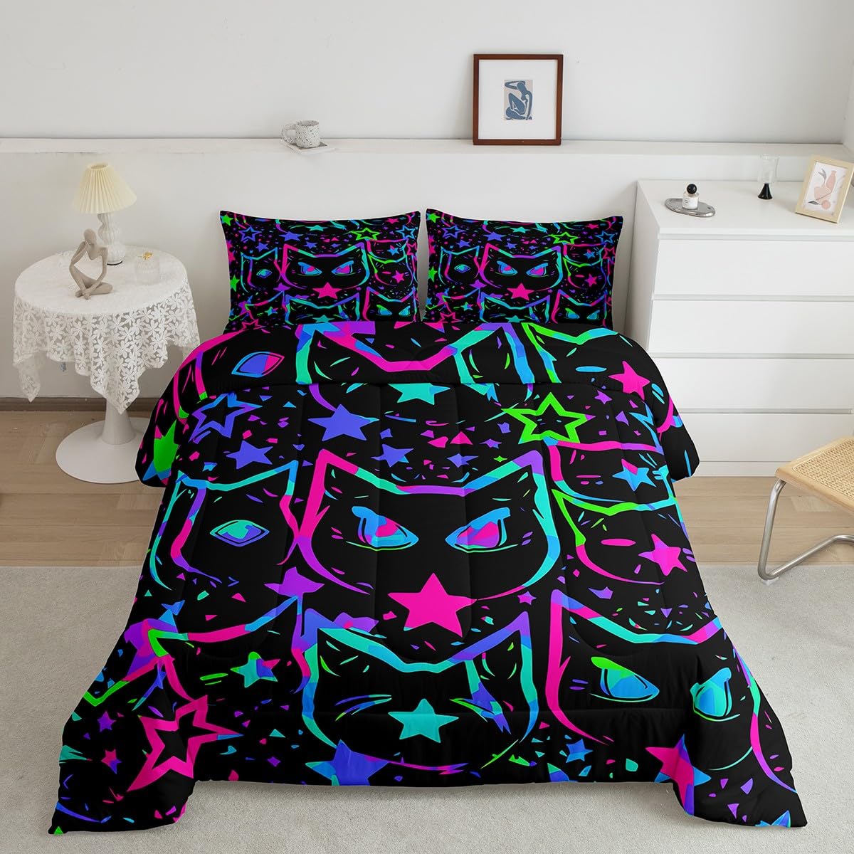 Erosebridal Cartoon Cat Bedding, Black Cat Comforter Set for Kids Girls Boys Teens, Ombre Glowing Neon Stars Down Comforter, Kawaii Kitten Duvet Insert, Gradient Galaxy Quilt, Queen