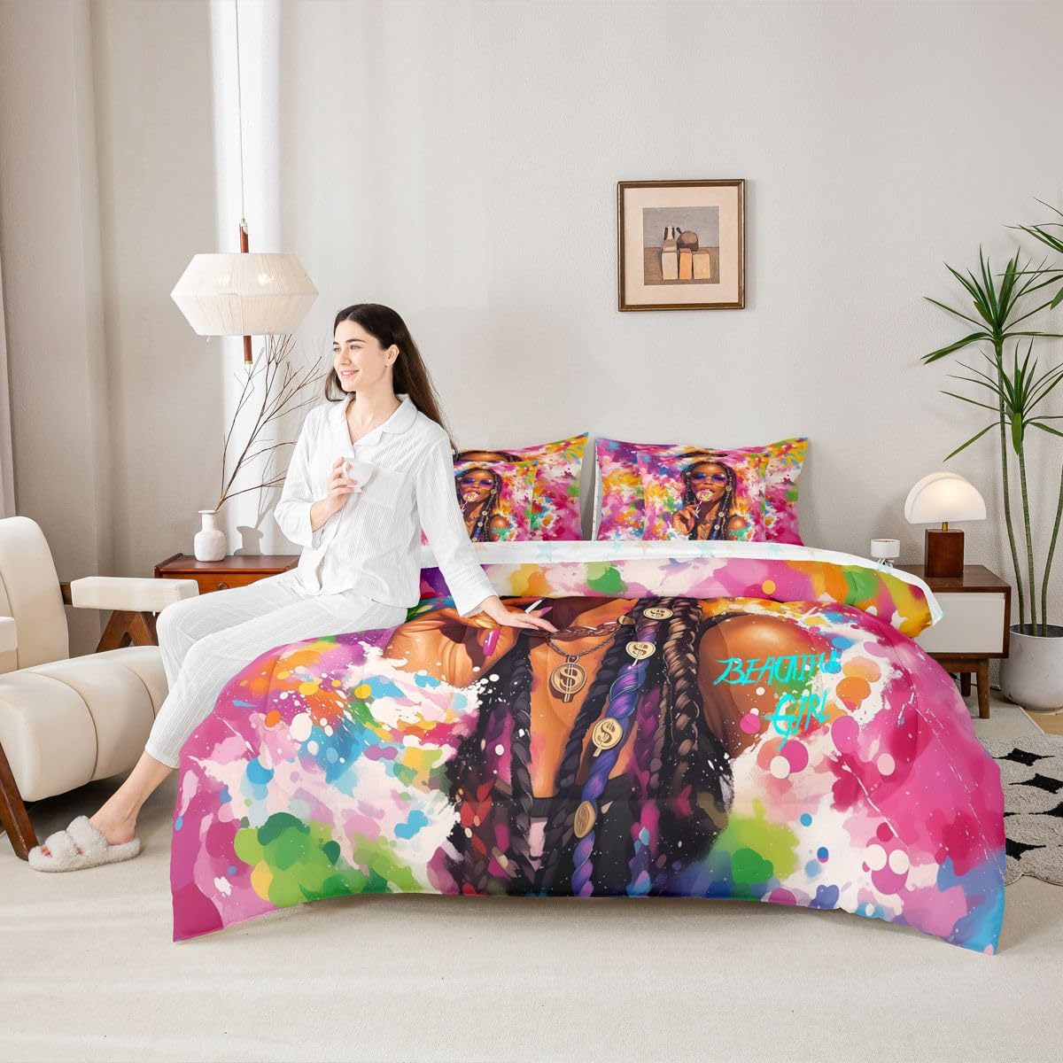 Erosebridal Cute Black Girls Queen Bedding Set Y2K Colorful Splash Paint Comforter Set Teen Stylish Multicolor Art 7-Piece Bed in a Bag Vibrant Aesthetic Watercolor Quilt Sets