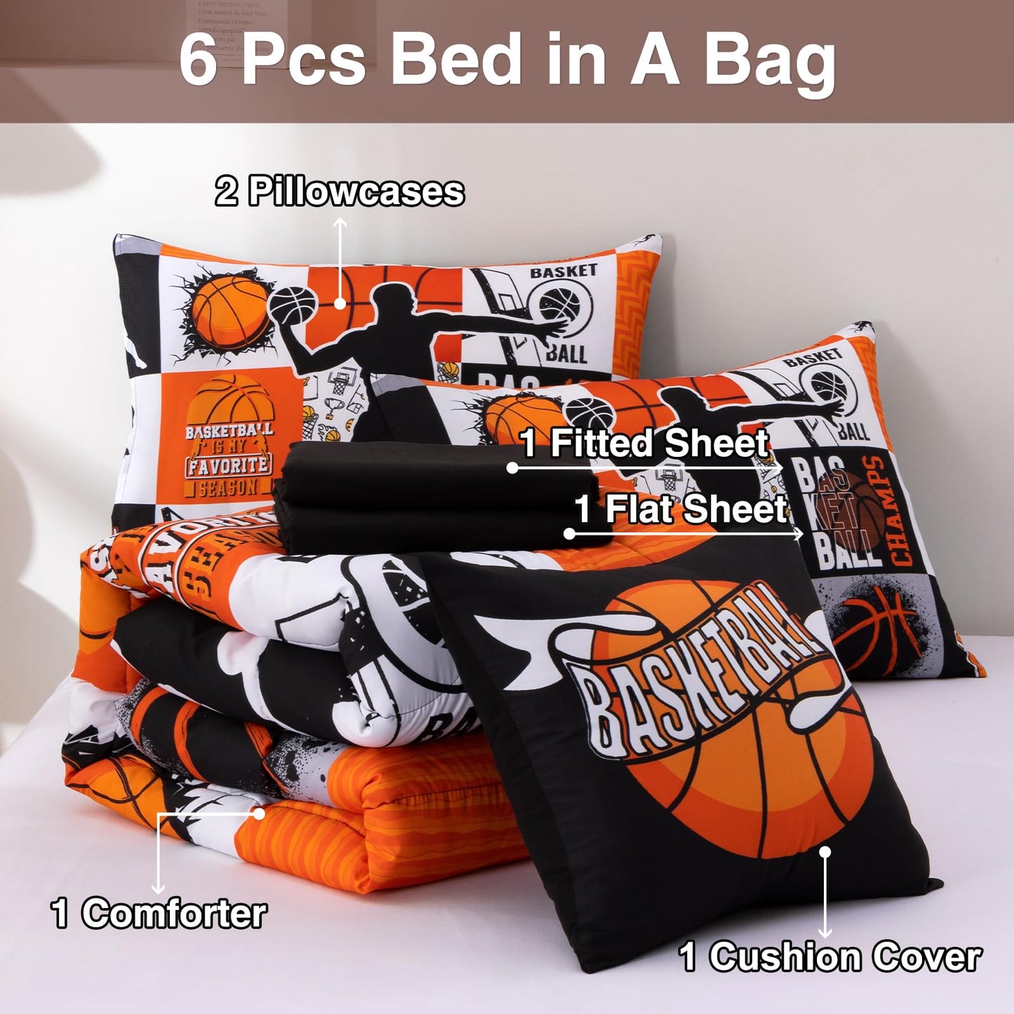 A Nice Night Sports Geometric Grid Baseketabll Patchwork Baskeball Printed for Boys Twin 6Pcs Bed in A Bag Comforter Bedding Set, Orange