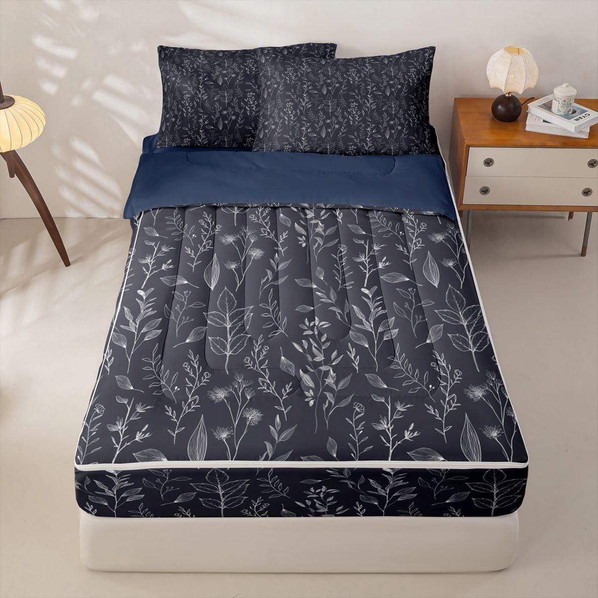 Feelyou Black Floral Zipper Bedding Twin Botanical Bedding Sets for Kids Boys Girls Bohemian Wildflower Comforter Set with Fitted Sheet 2 Pillowcases Boho Flower One Zipper Bed Set for All Seasons