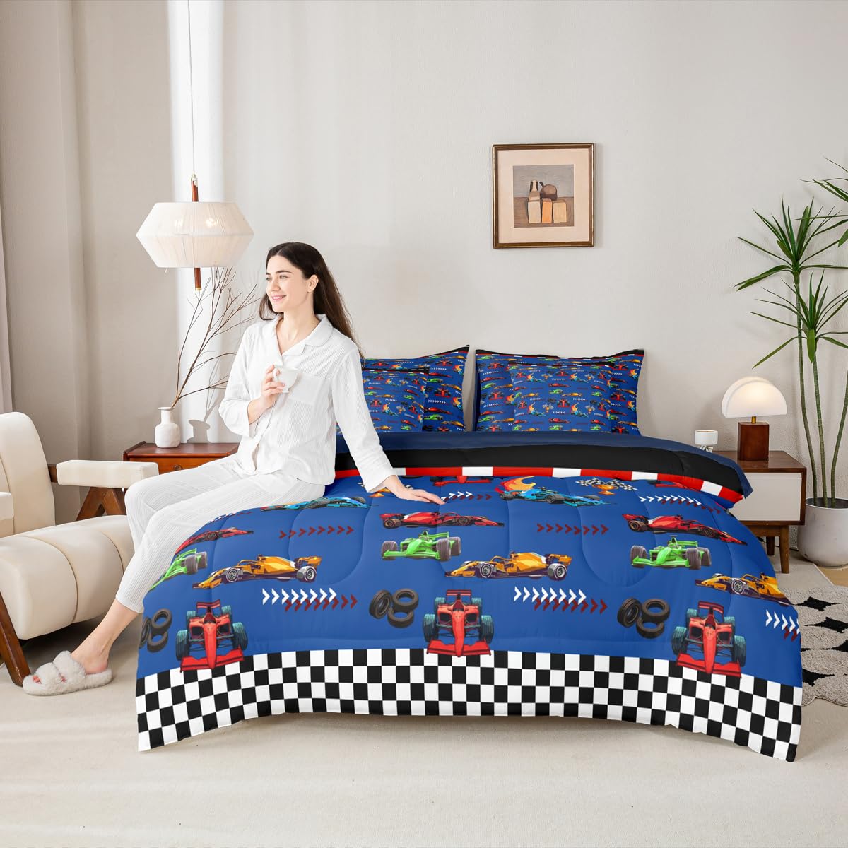 jejeloiu Blue Race Car Twin Comforter Set with Sheets for Kids Boys Girls Speed Sports Car 7 Pieces Bedding Set Extreme Sports Bed in a Bag Room Decor Soft Lightweight Microfiber
