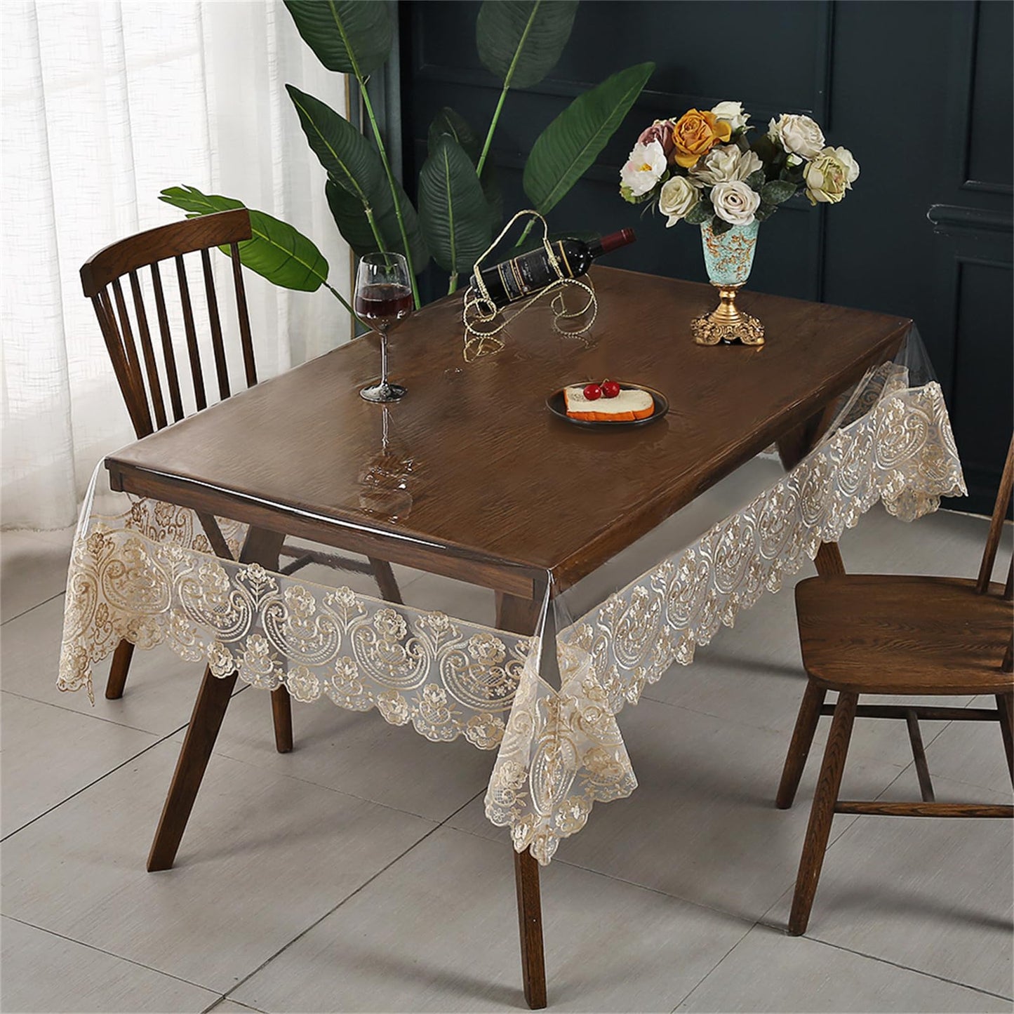 Clear Plastic Rectangle Tablecloth Vinyl Waterproof Table Cloth Embroidered Lace Edge Transparent Table Cover for Dining Kitchen Outdoor(52 x 70 inch, Coffee Style 1)
