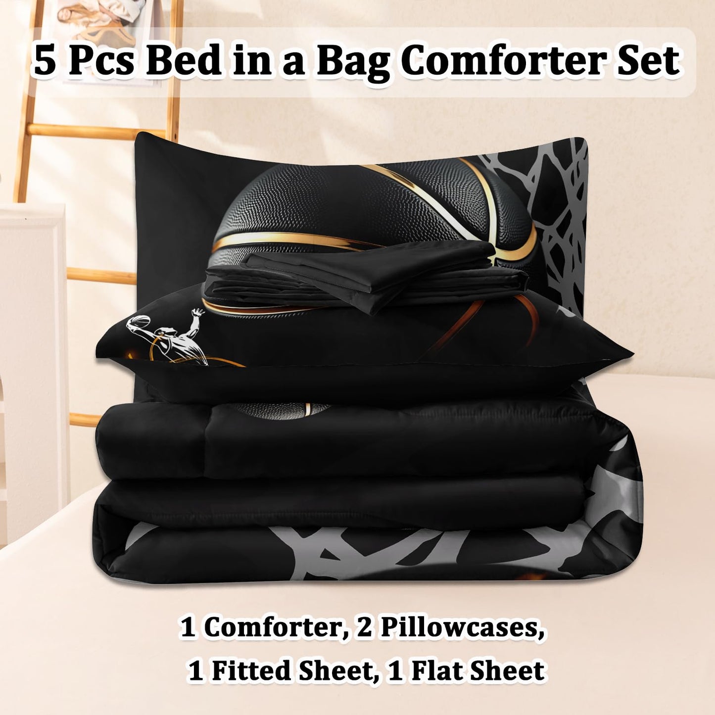 HICAND 5 Pcs Basketball Full Bedding Set for Boys Teens, Full Size Sports Cool Basketball Boys Comforter Set with Sheets