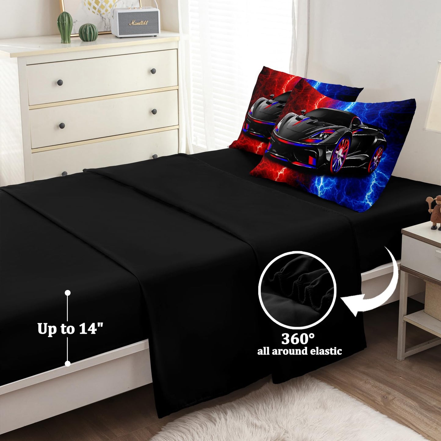 BERTSUCA 5 Pcs Car Comforter Sets for Boys, Cool Red Blue Lightnings Bed in A Bag Full Size Car Bedding Set for Boys Kids