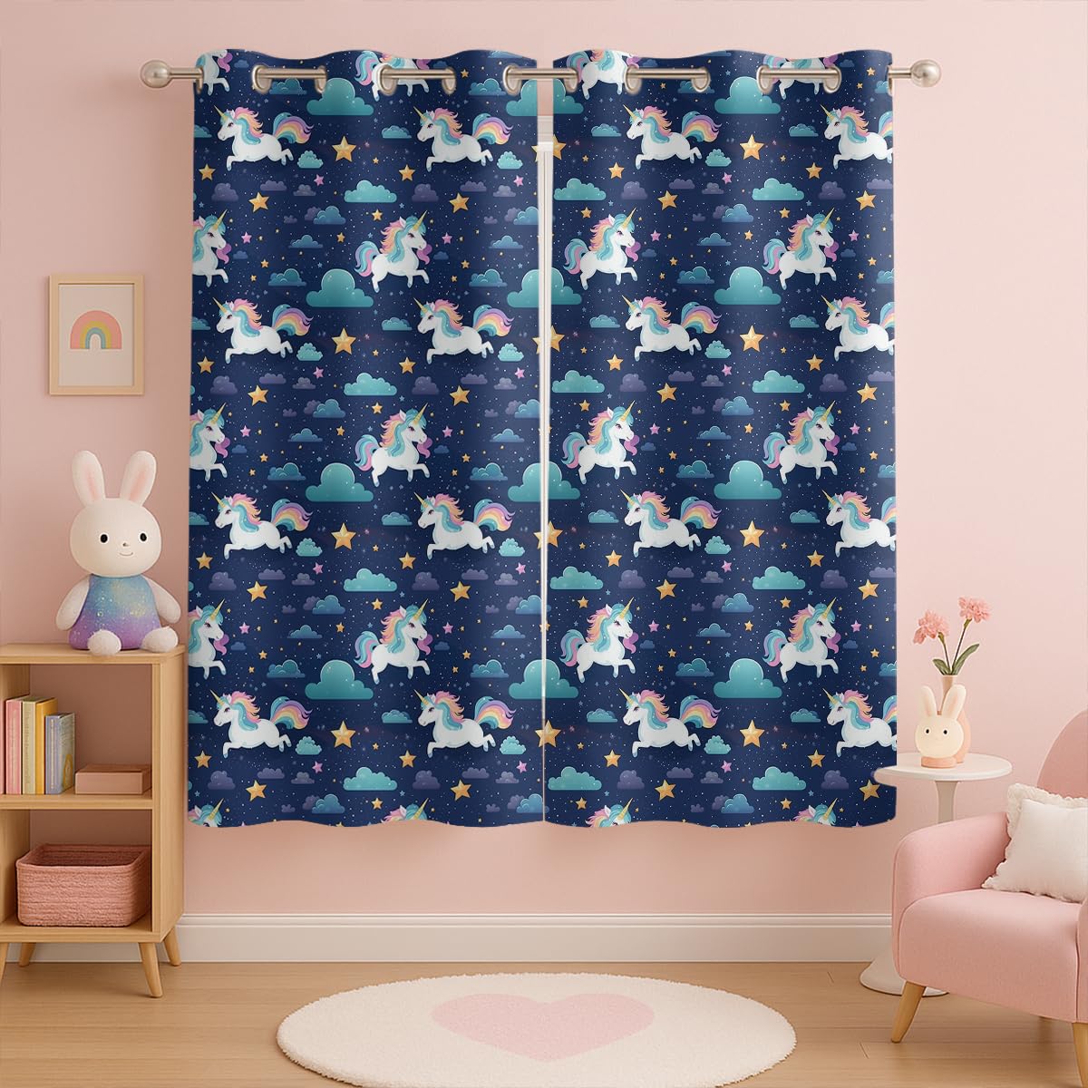 Cute Unicorn Blackout Curtains for Girls Boys Kids Home Decor, Fantasy Cartoon Unicorn Stars Clouds Grommet Thermal Insulated Drapes Darkening Window Curtain for Bedroom Living Room, 42 x 45 Inch