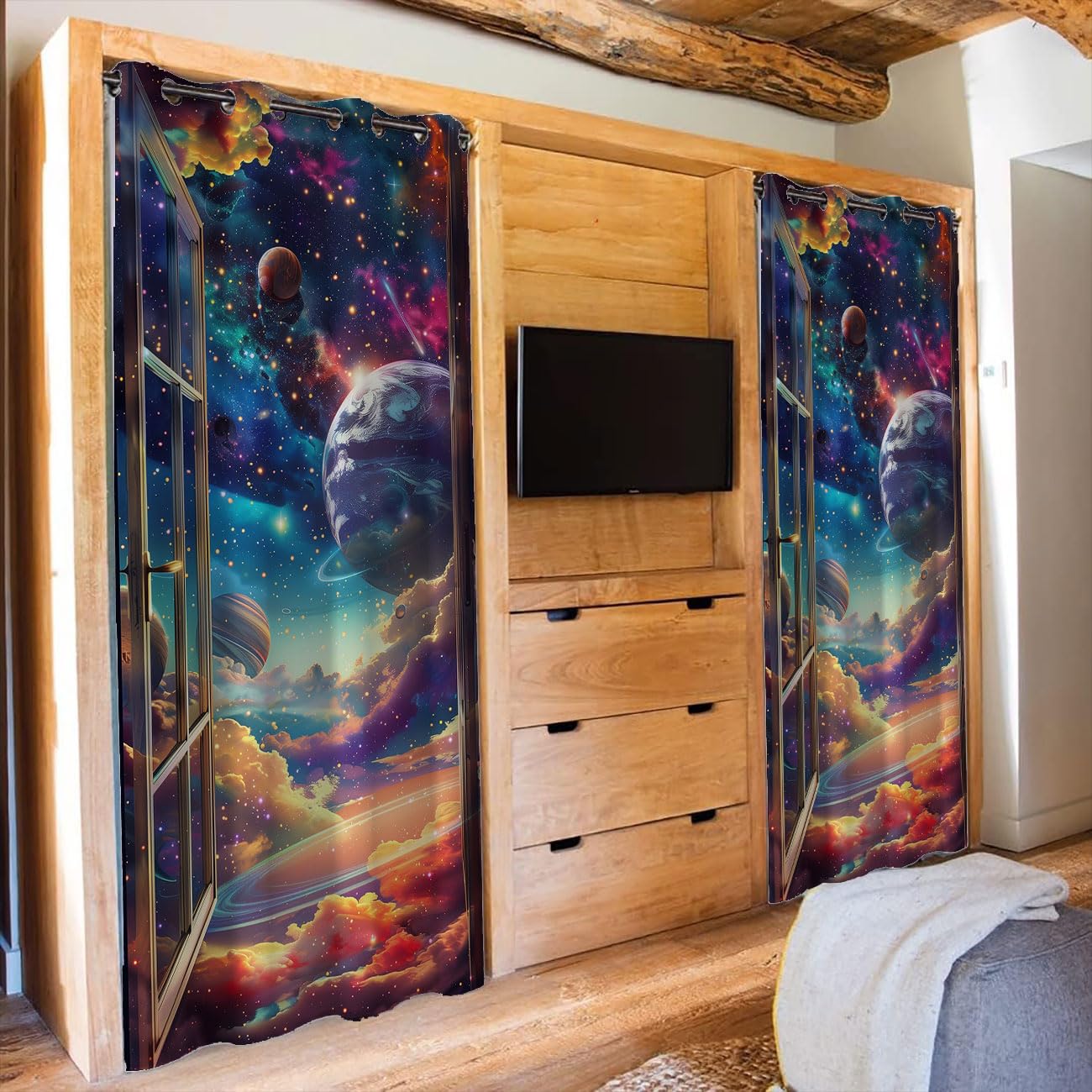 Chaohuan Space Fantasy Door Curtain, 3D Windows Colorful Galaxy Planets Stars Room Divider Curtain for Kids Boys Girls Teens Bedroom Living Room Closet 1 Panel 34" W X 80" L
