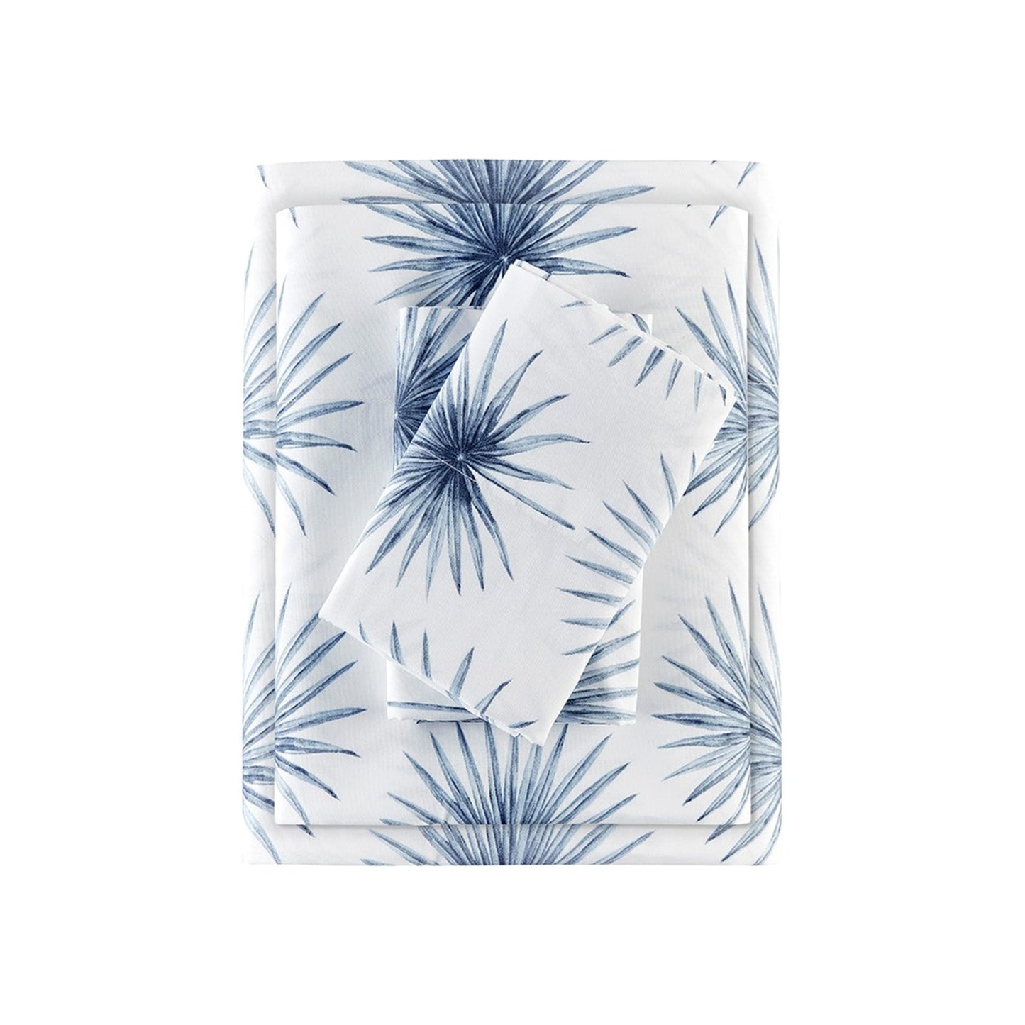 Madison Park 100% Cotton Sheets, Breathable & Soft Cotton Bed Sheets, Printed Design, Elastic Pocket Cotton Sheet Set Fits Up to 17" Mattress, All Season, Full Blue Palmetto 4 Piece