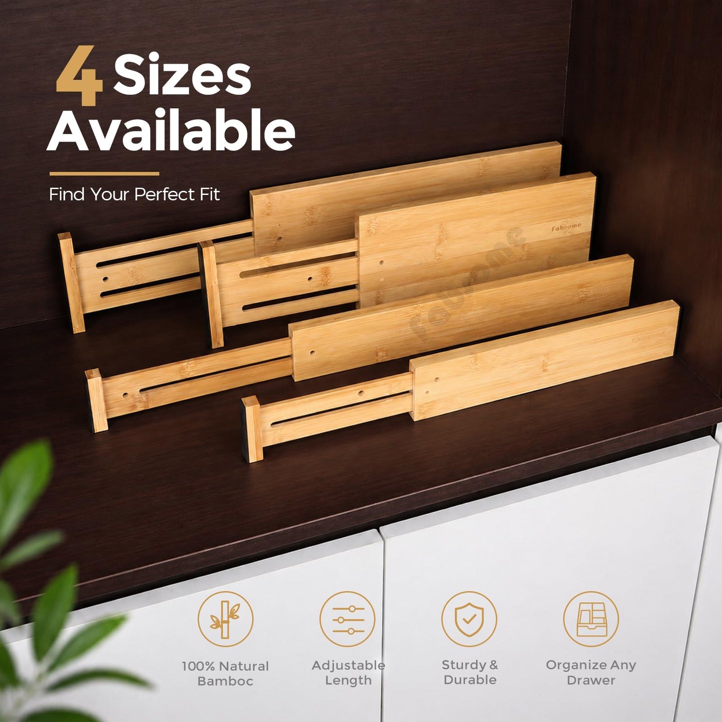 Fabsome Drawer Divider 6 Pack, Bamboo Dresser Organizers for Clothes Socks Underwear Baby Clothing, Wooden Separators for Nursery Organization Adjustable from 12.5'' to 17'' with Soft Foam Ends