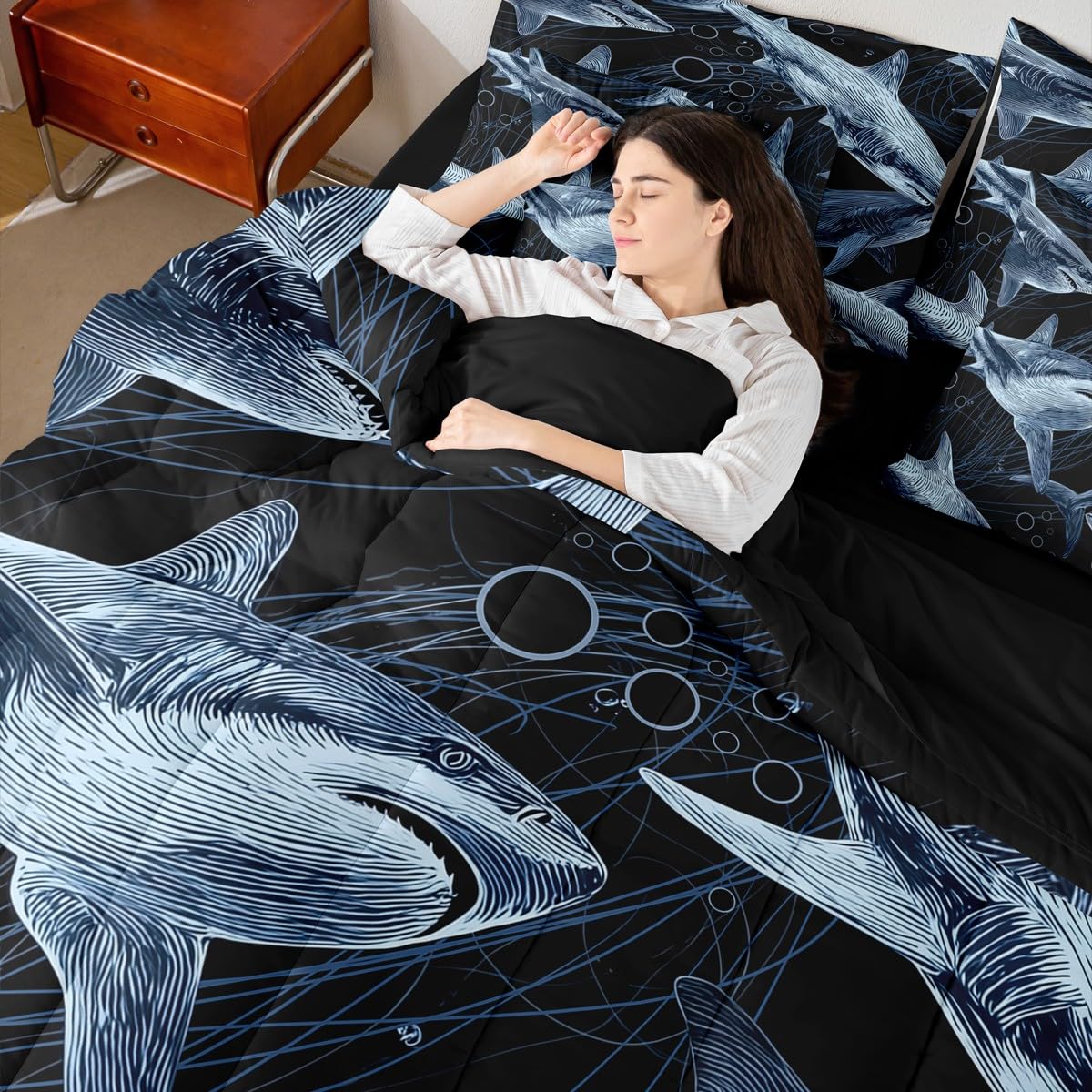 Erosebridal Shark Comforter Set Ferocious Shark Bed in A Bag Full Size 7 Pieces Underwater World Oasis Bed Set Sea Ocean Animal Bedding