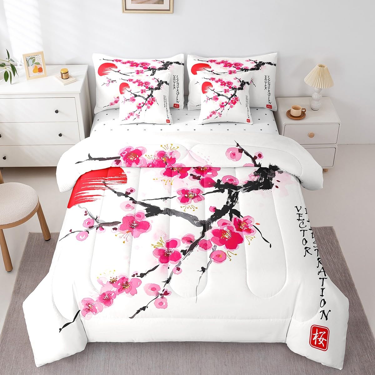 Erosebridal 7 Piece Japanese-Style Bed in a Bag Full for Adult Women Cherry Blossoms Sheet Set Ukiyo-E Theme Bedding with Comforter Girls Boys Teens Nature Flowers Cushion Covers