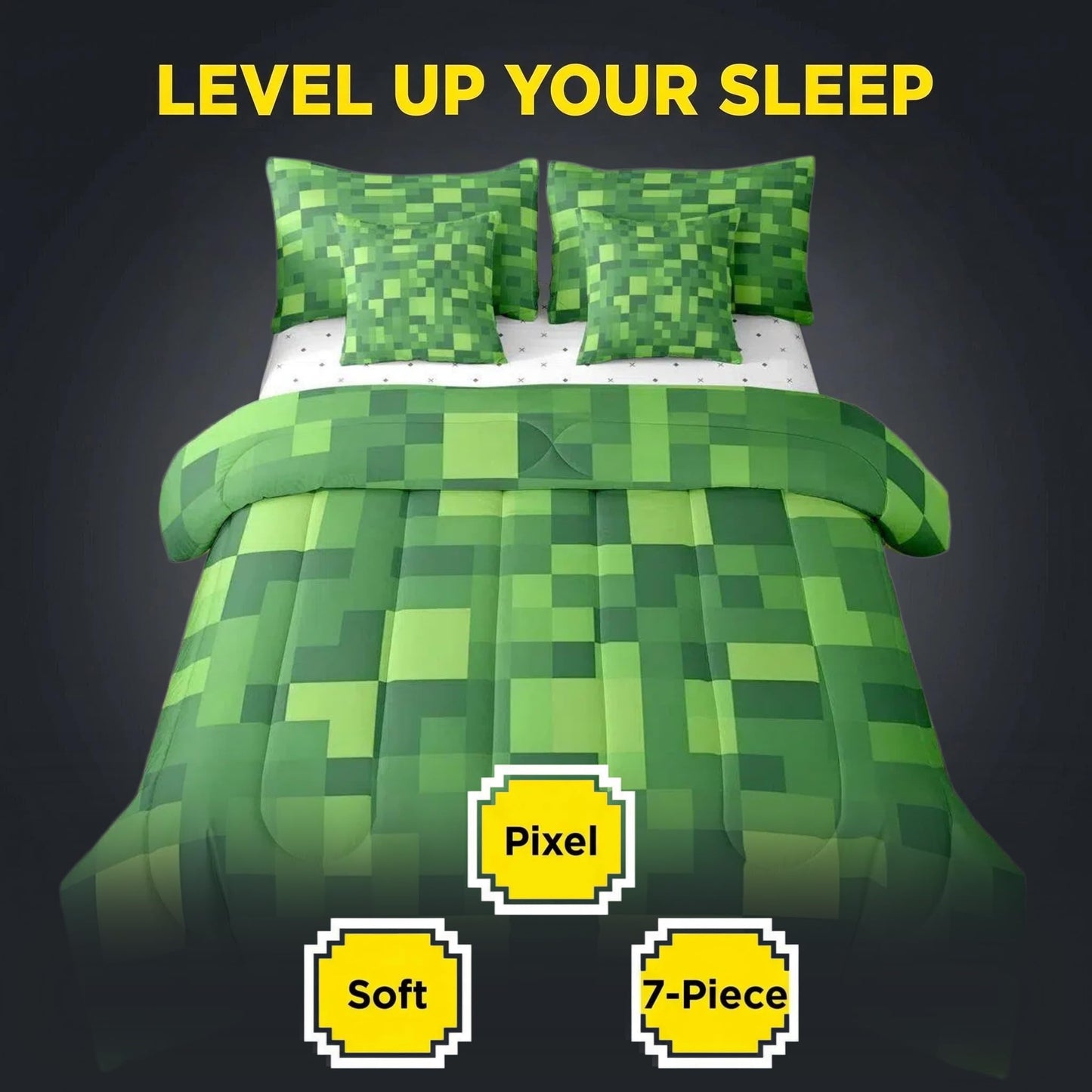 Feelyou Pixel Theme Twin Comforter Set with Sheets for Kids Boys Girls Geometric Square 7 Pieces Bedding Set Gamer Bed in a Bag Mosaic Room Decor Green Soft Lightweight Microfiber