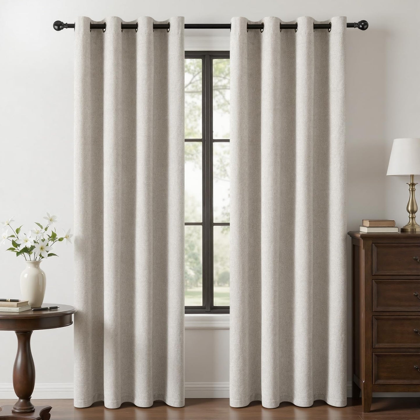 HushLoom 100% Blackout Curtains for Bedroom, Luxury Chenille Thermal Insulated Drapes for Living Room, Energy Saving Room Darkening 84 Inch Long Curtains, Grommet Top, 2 Panels, 52" W x 84" L, Beige