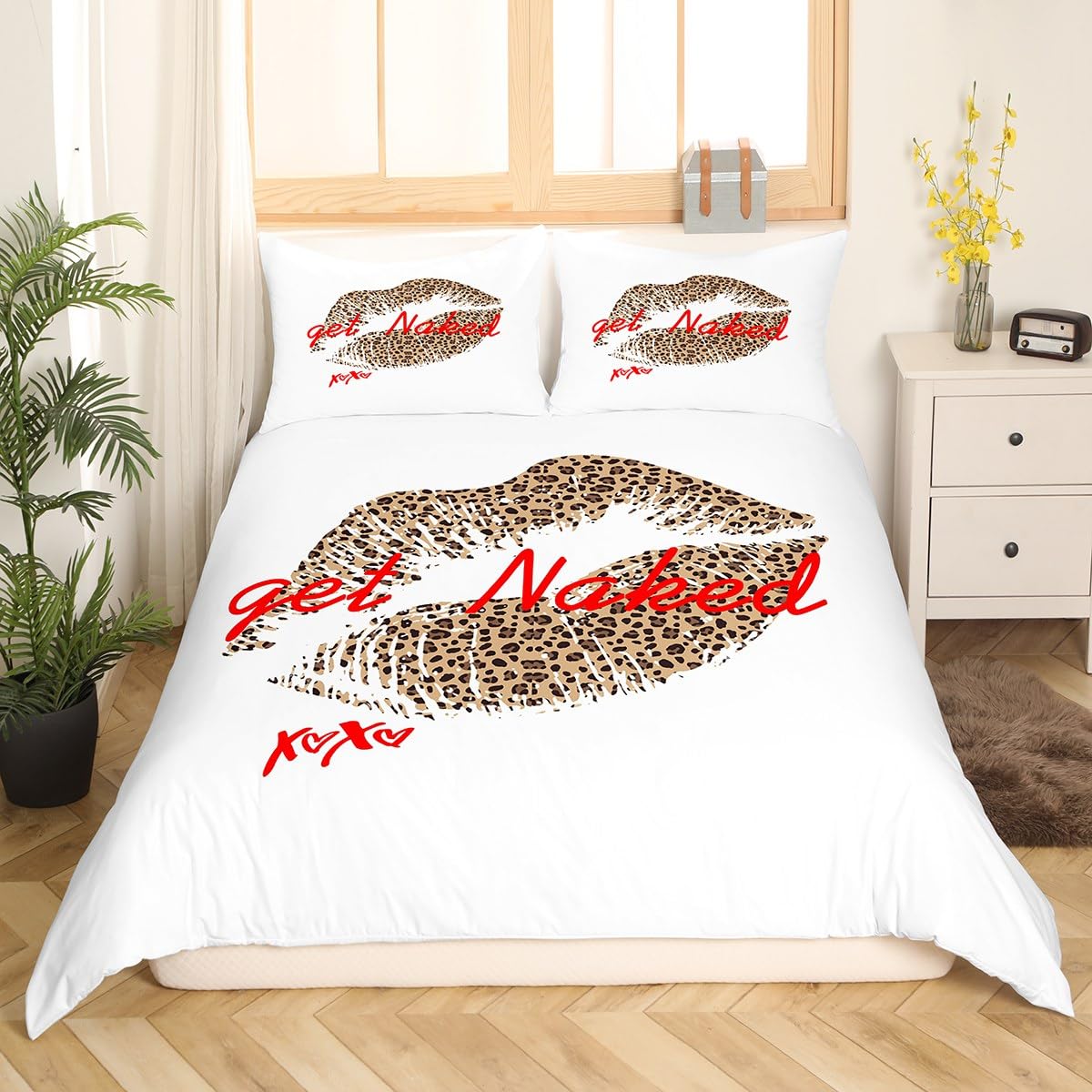 Feelyou Funny Get Naked Bedding Set Girls Lady Women Leopard Pattern Lips Comforter Cover Couple Lover Romantic Duvet Cover White Red Brown Kiss Bedspread King Size Bedding Collection (No Comforter)