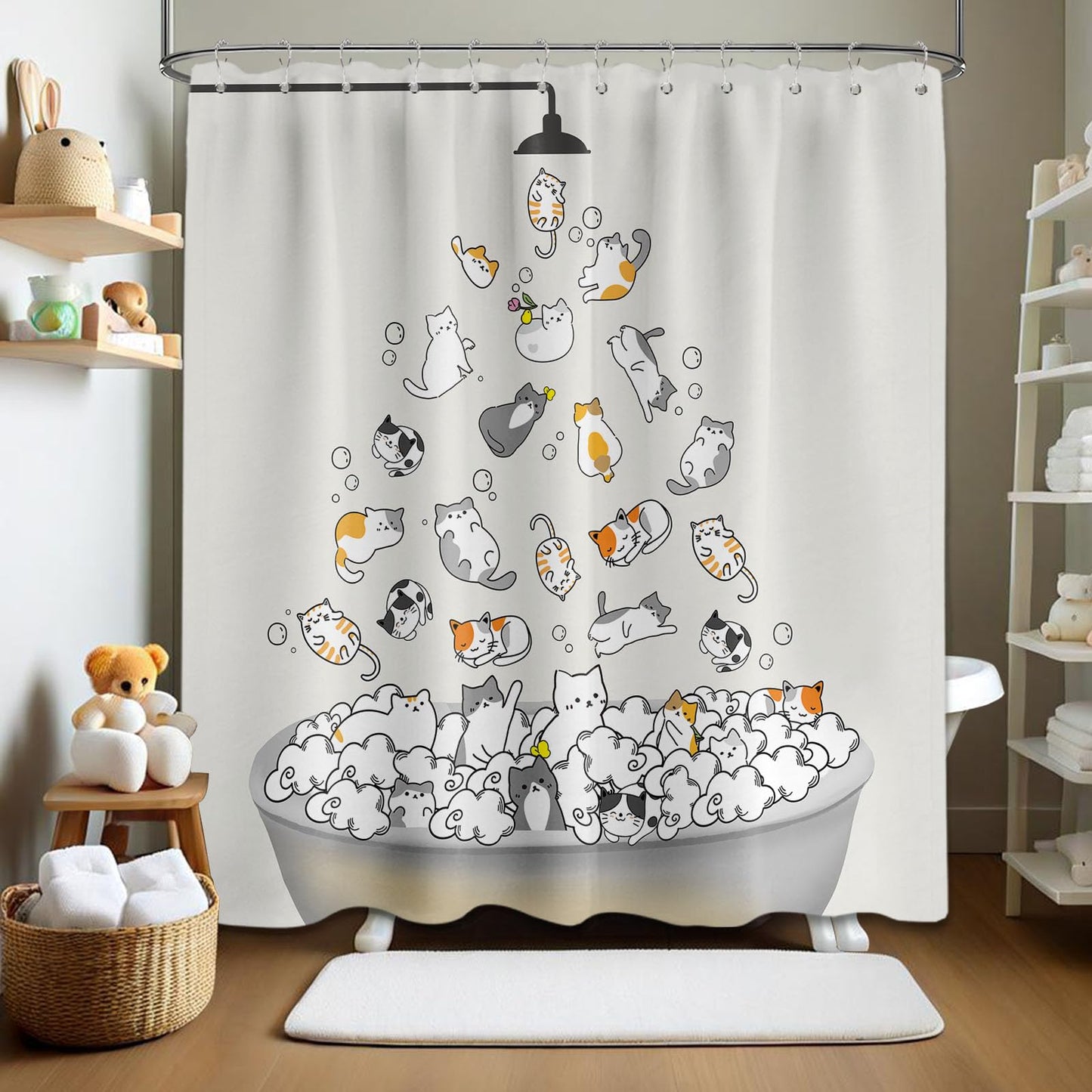 Tonmue Cute Cat Shower Curtain Kids Animal Cartoon Bathroom Decor, Waterproof Cloth Fabric with Hooks 70" W x 84" L