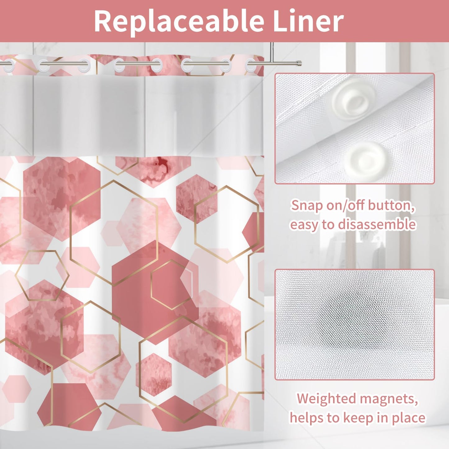 deFouliao Pink Shower Curtain with Snap in Liner No Hook Geometric Grid Modern Bathroom Curtain with See Through Mesh Top Window, Fabric Waterproof Inner Liner, 71x74 Inches