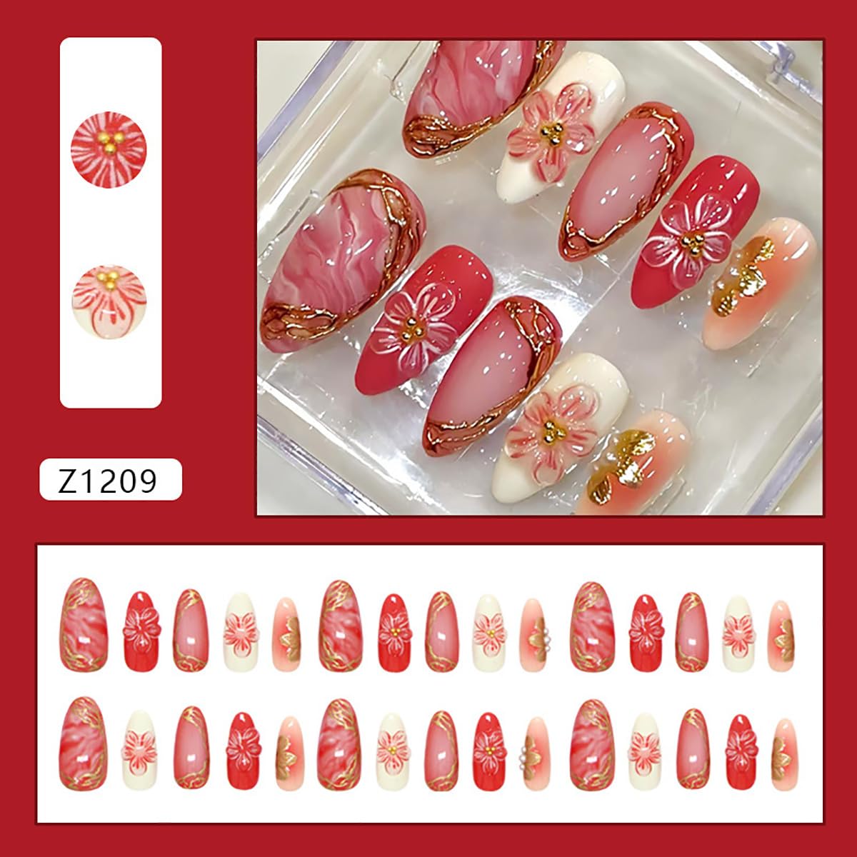 24Pcs Medium Almond Press on Nails Spring Summer Fake Nails with 3D Flowers Pearl Rhinestones Designs Full Cover Gold French Tip Stick on Nails Pink Flowers False Nails for Women Acrylic Nail Salon