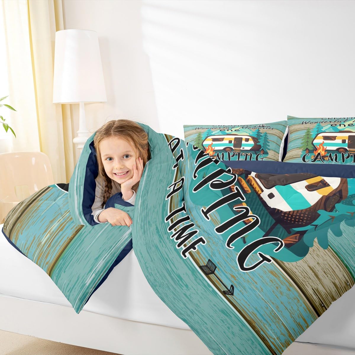 Erosebridal Rv Camper Comforter Set for Kids Boys Girls Happy Camping Life Bedding Farmhouse Wooden Style Duvet Set Travel Trailers Comforter King with 2 Pillowcases