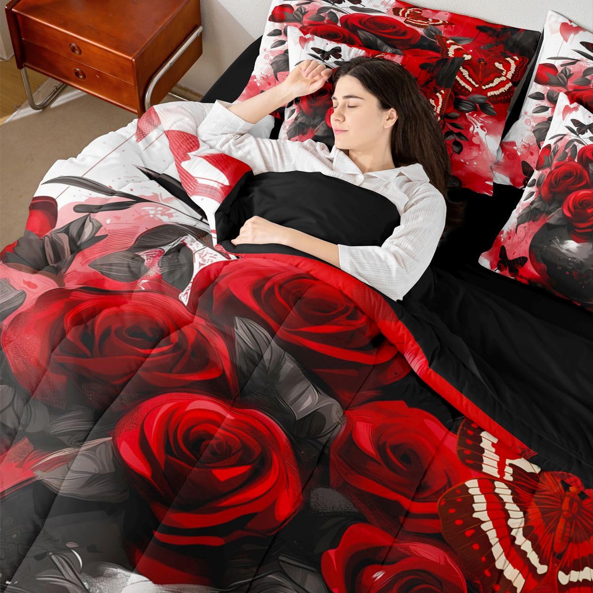 Erosebridal Red Rose Queen Comforter Set with Sheets 7 Piece Grey Retro Couple Rose Bed in A Bag Valentine Day Gift Bedding Sets for Women Men Adults,Romantic Floral Butterfly Bed Set