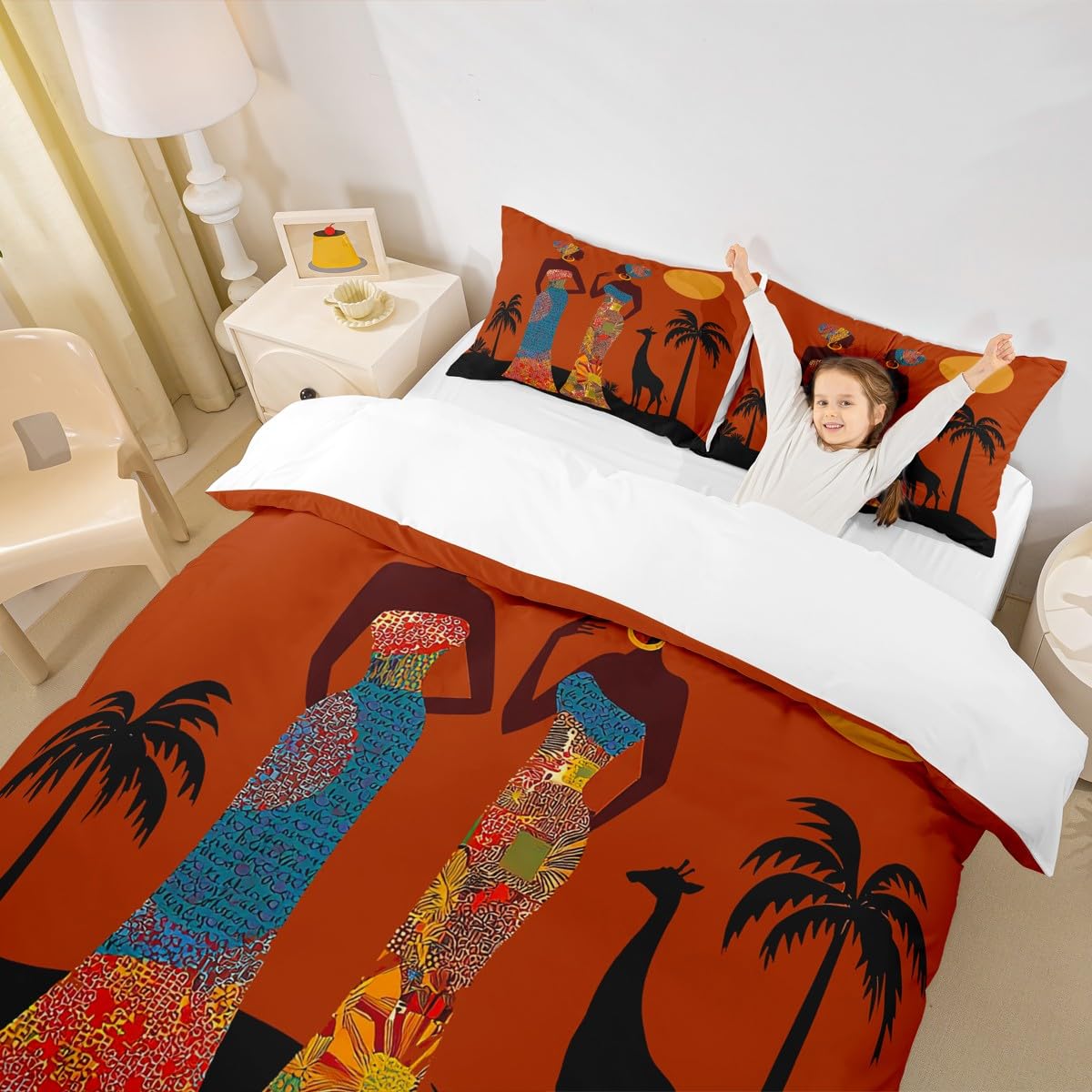 African Woman Themed Duvet Cover Brown African Pattern Bedding Set Ethnic Afro Giraffe Comforter Cover for Women Adults Room Decor Black Palm Tree Print Bedspread Cover Twin Size With 1 Pillow Case