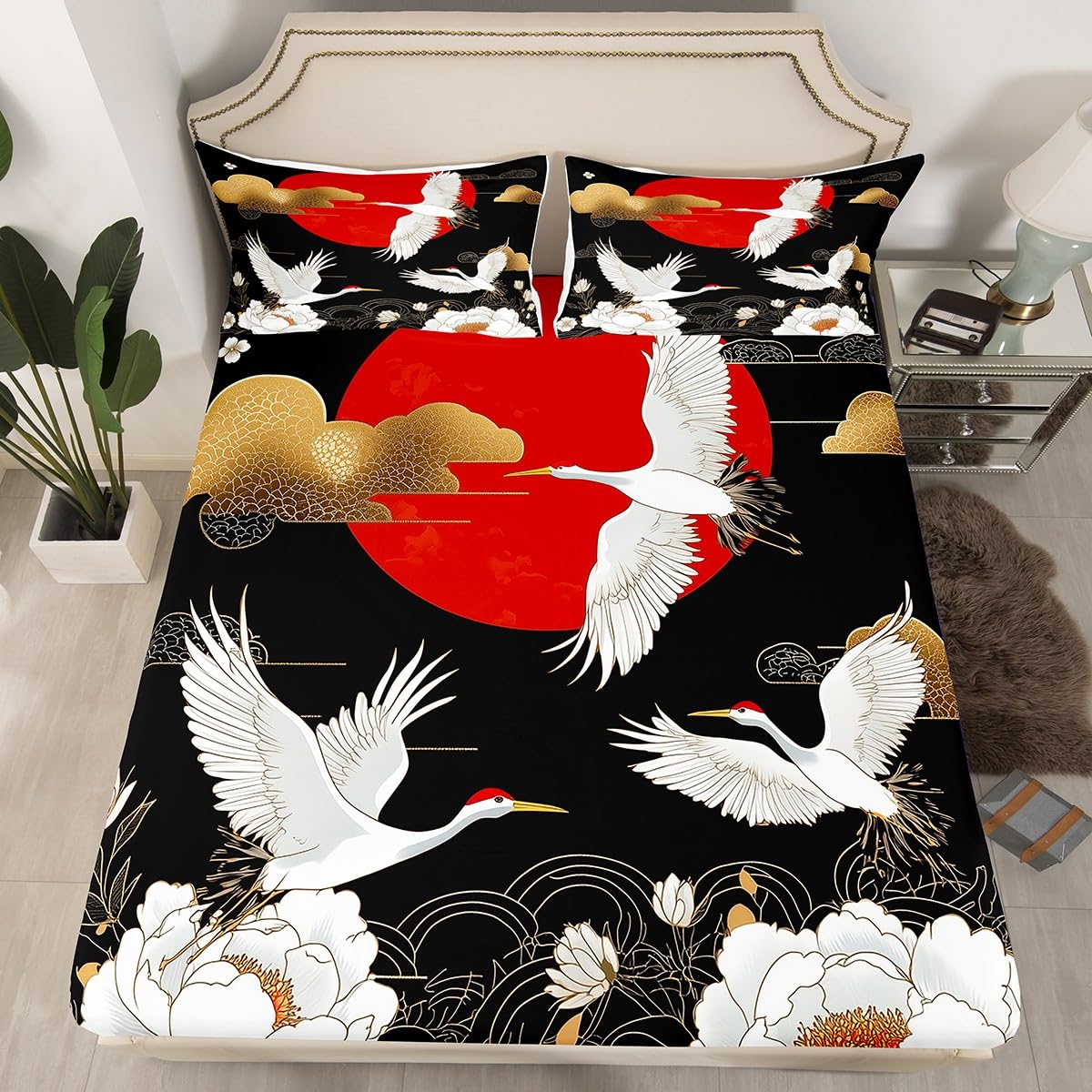 Feelyou Japanese Crane Bedding Sheets Full Black Gold Ukiyoe Theme Bed Sheet Set for Adult Kids Asian Anime Fitted Sheet Wild Animal Bed Cover 3Pcs,1 Fitted Sheet+2 Pillow Sham（No Flat Sheet）