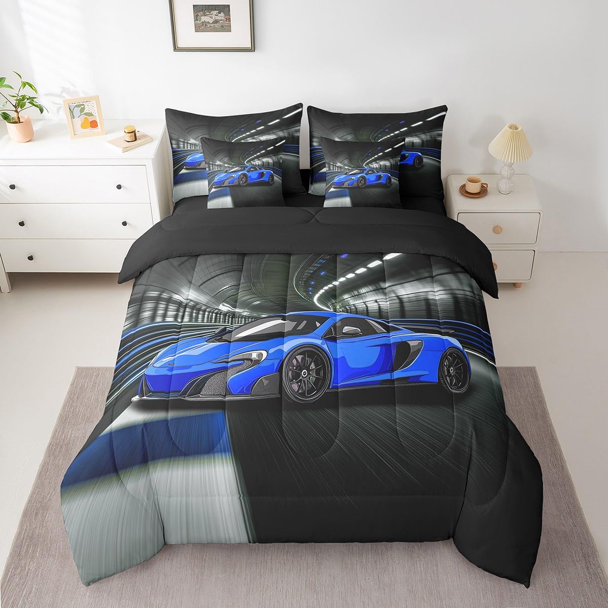 jejeloiu Speed Sports Car Bed Set Tunnel 7 Pieces Bedding Set for Kids Blue Racing Car Bed in a Bag with Comforter, Pillowcases Ultra Soft Extreme Sports All Season Breathable Lightweight Twin Size