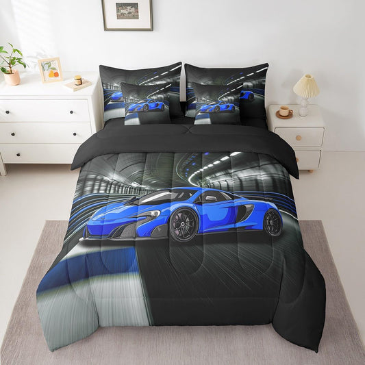jejeloiu Speed Sports Car Bed Set Tunnel 7 Pieces Bedding Set for Kids Blue Racing Car Bed in a Bag with Comforter, Pillowcases Ultra Soft Extreme Sports All Season Breathable Lightweight Twin Size