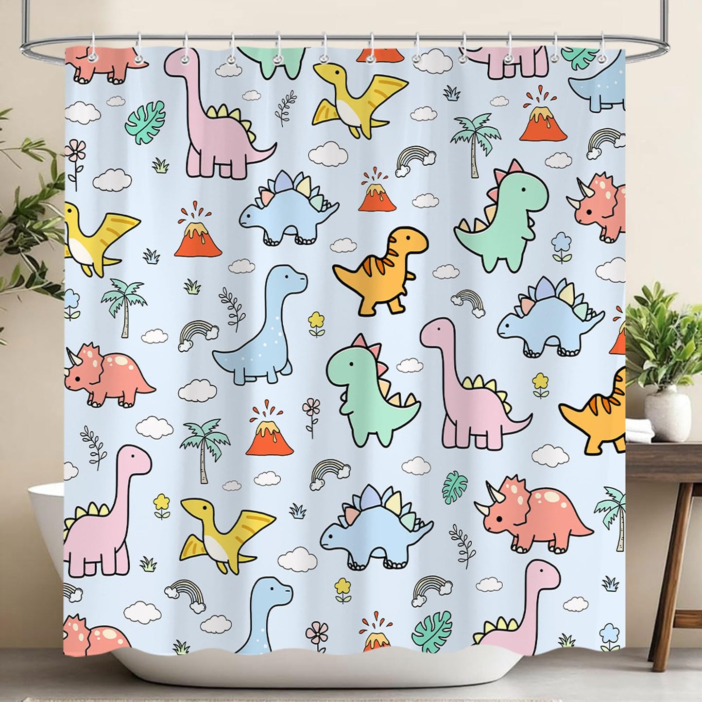 Pyrence Cartoon Dinosaur Shower Curtain, Funny Kids Theme Dino Shower Curtains for Bathroom, Cute Rainbows Clouds Volcanoes Palm Trees Decor Polyester Fabric Shower Curtain Sets 12 Hooks 72X72 in