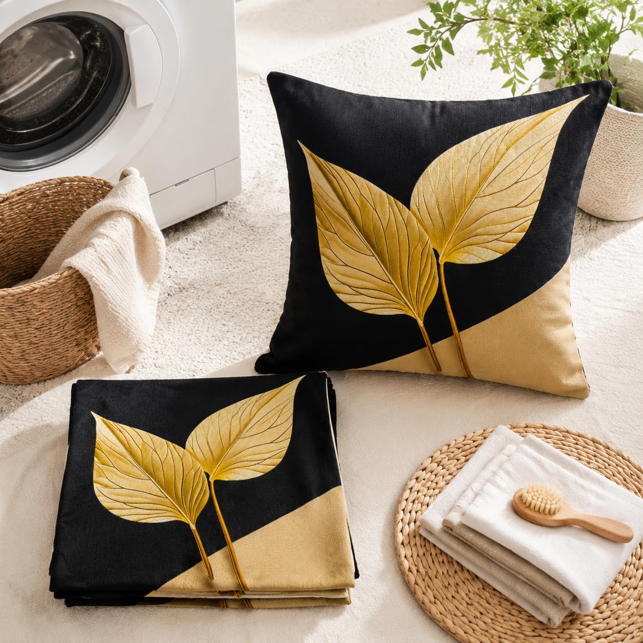 avpdupu Floral Pillow Covers 18x18 Inch Linen Set of 2 - Black and Gold Pattern Throw Pillow Covers for Sofa, Decorative Cushion Covers for Living Room and Outdoor Use